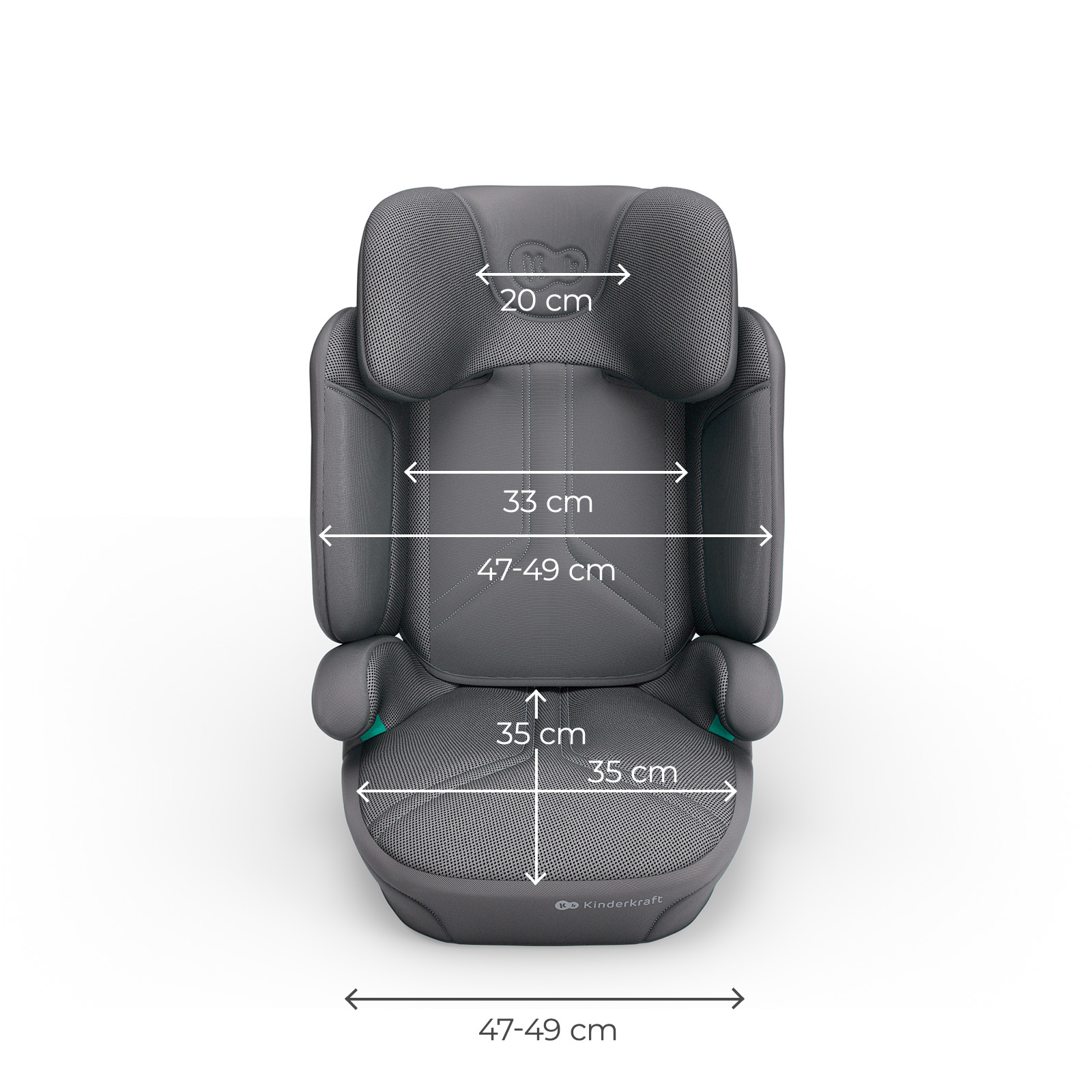 Grauer Kindersitz mit Maßen: 20cm, 33cm, 47-49cm.