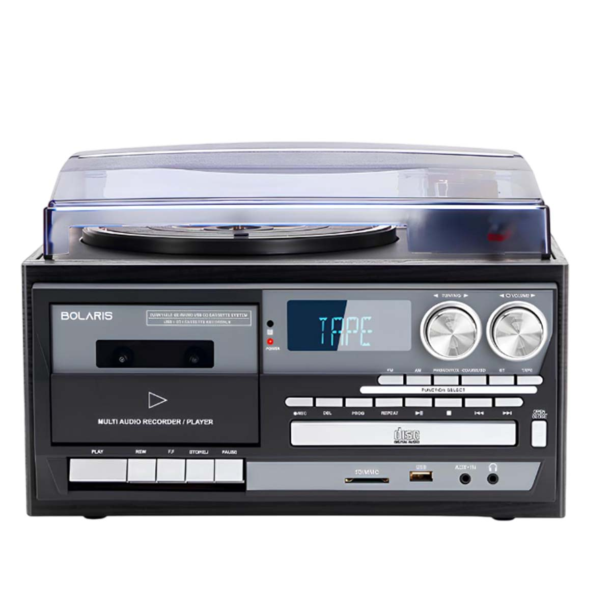 Ein schwarzer Plattenspieler mit Kassettendeck, CD-Player und digitalem Display.