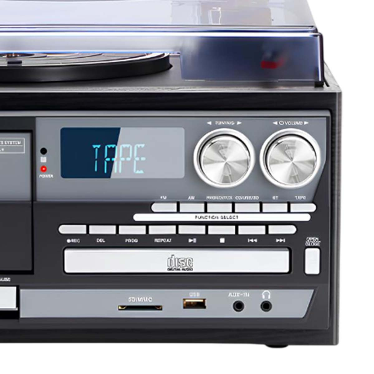 Ein Plattenspieler-Stereosystem mit CD-, Kassette und USB-Anschlüssen.
