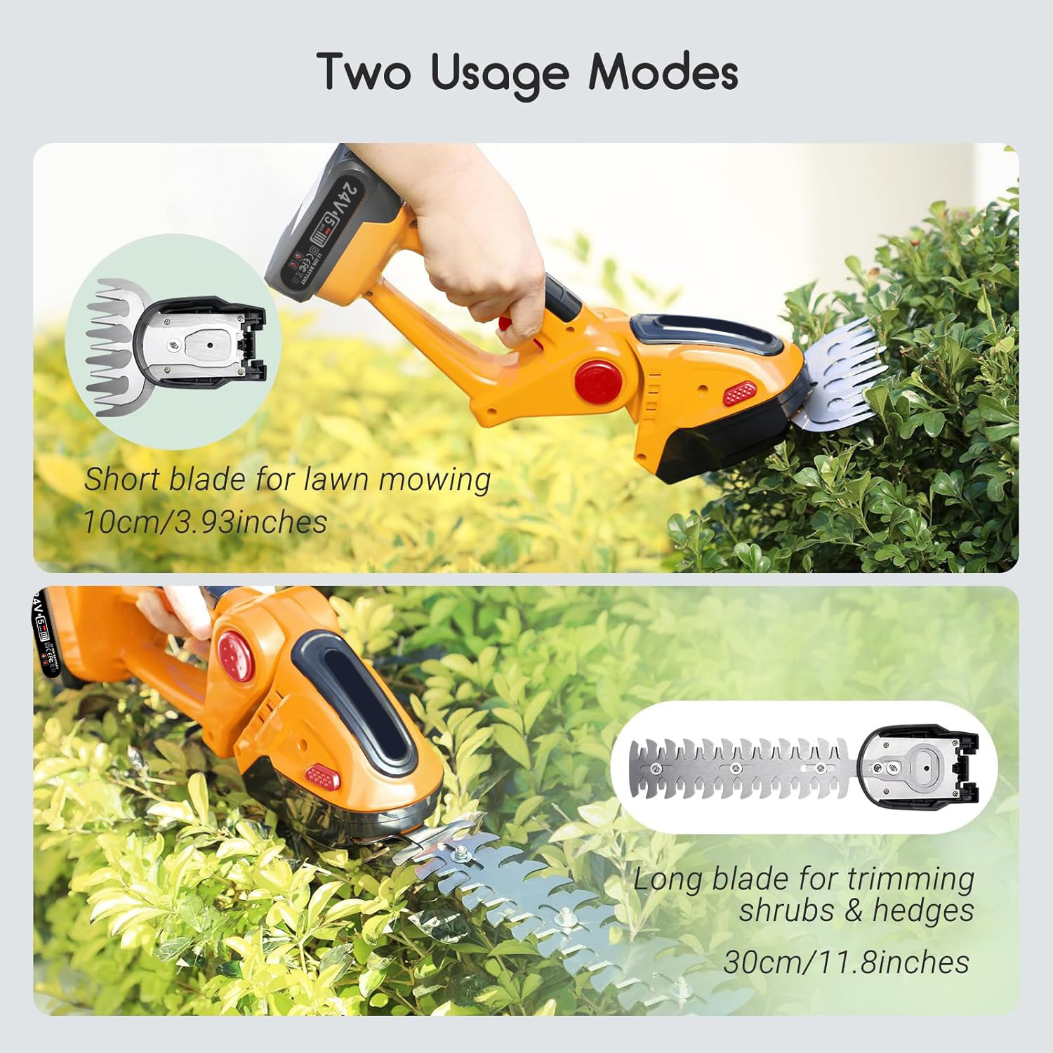 Orange Akku-Trimmer mit kurzem Messer für Rasen und langem Messer für Hecken.