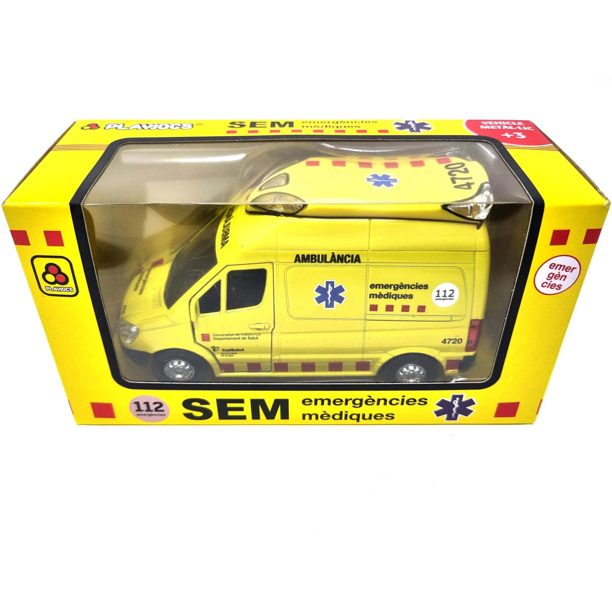Ambulancia de juguete amarilla con marcas SEM y 112 en su embalaje.