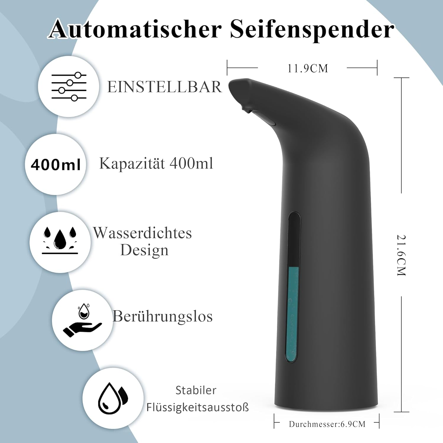 Schwarzer Seifenspender mit Maßen und Funktionen.