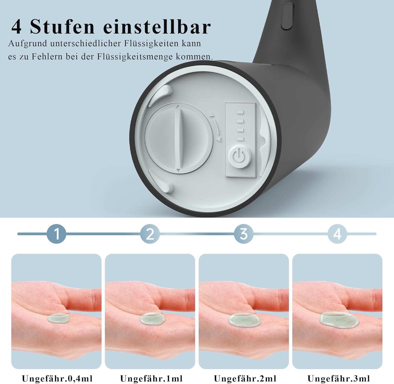 Ein Gerät mit 4 einstellbaren Stufen und Flüssigkeitsdispensierung von 0,4 ml bis 3 ml.