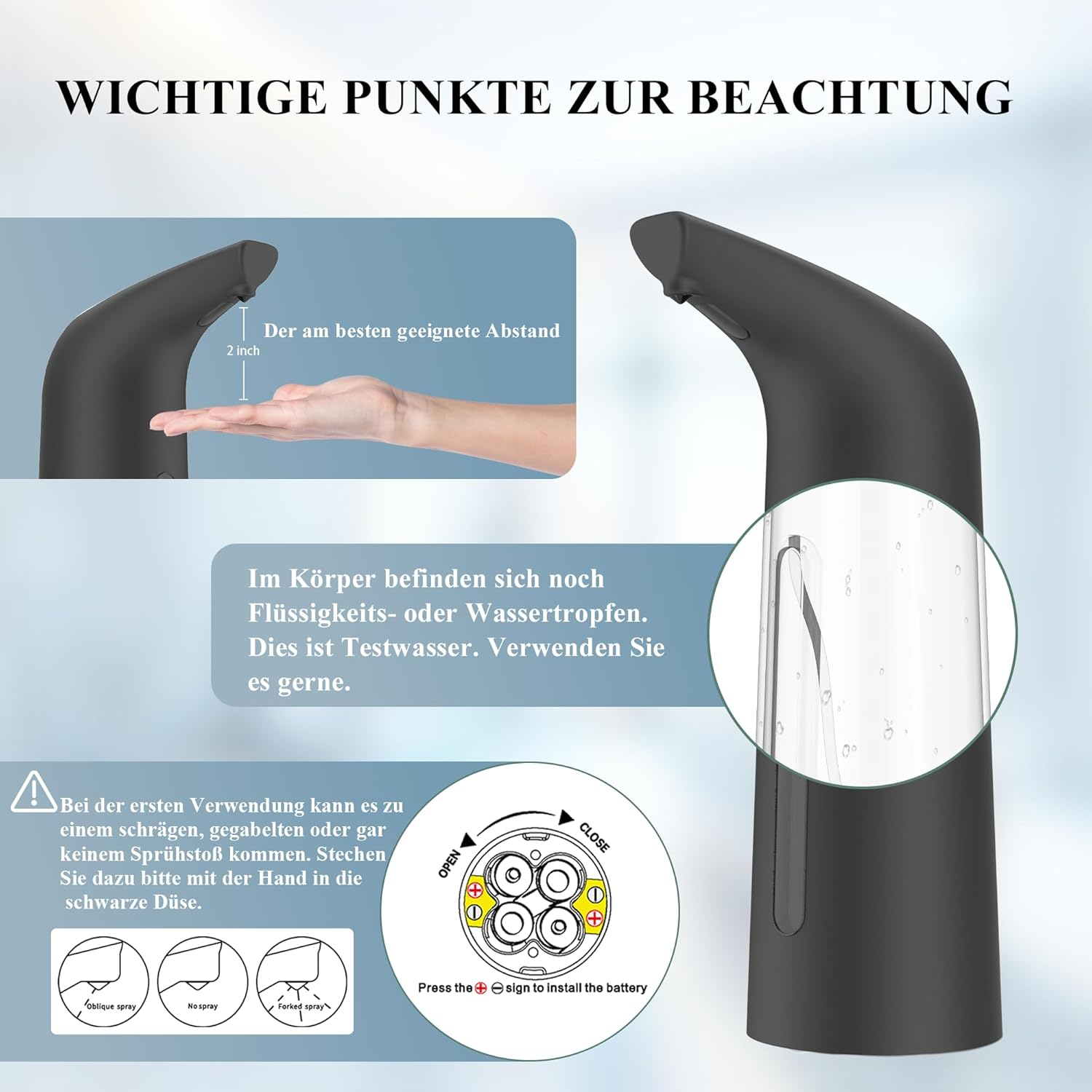 Ein schwarzer Seifenspender mit Hinweisen zur Bedienung.