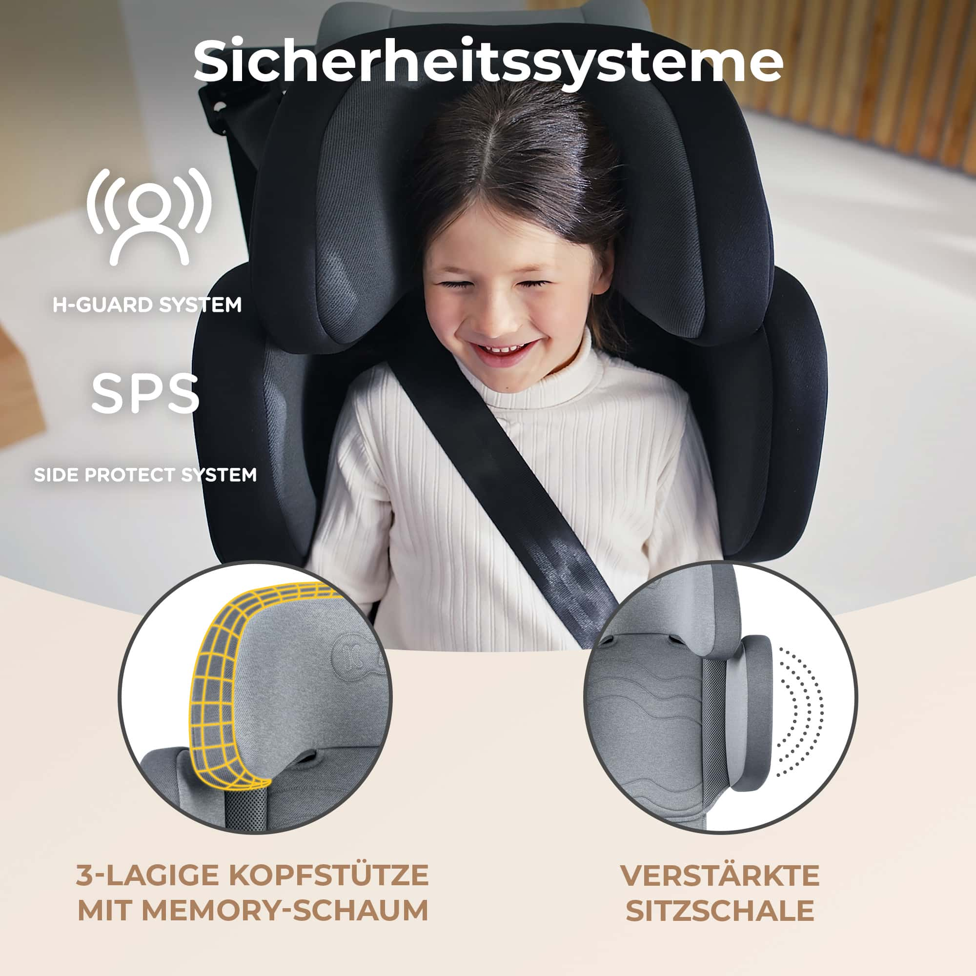 Una niña sonriente en un asiento de coche, destacado con características de seguridad.