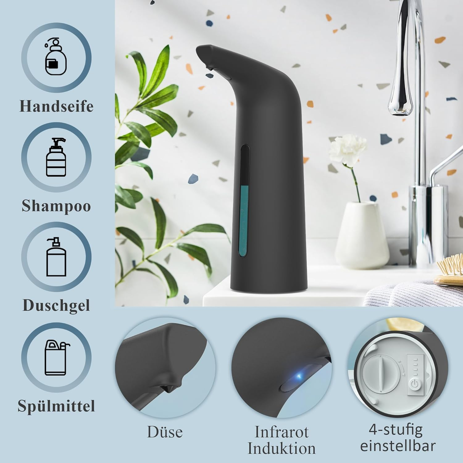 Schwarzer Seifenspender mit Infarotsensor, daneben Icons für Handseife, Shampoo, Duschgel, Spülmittel.