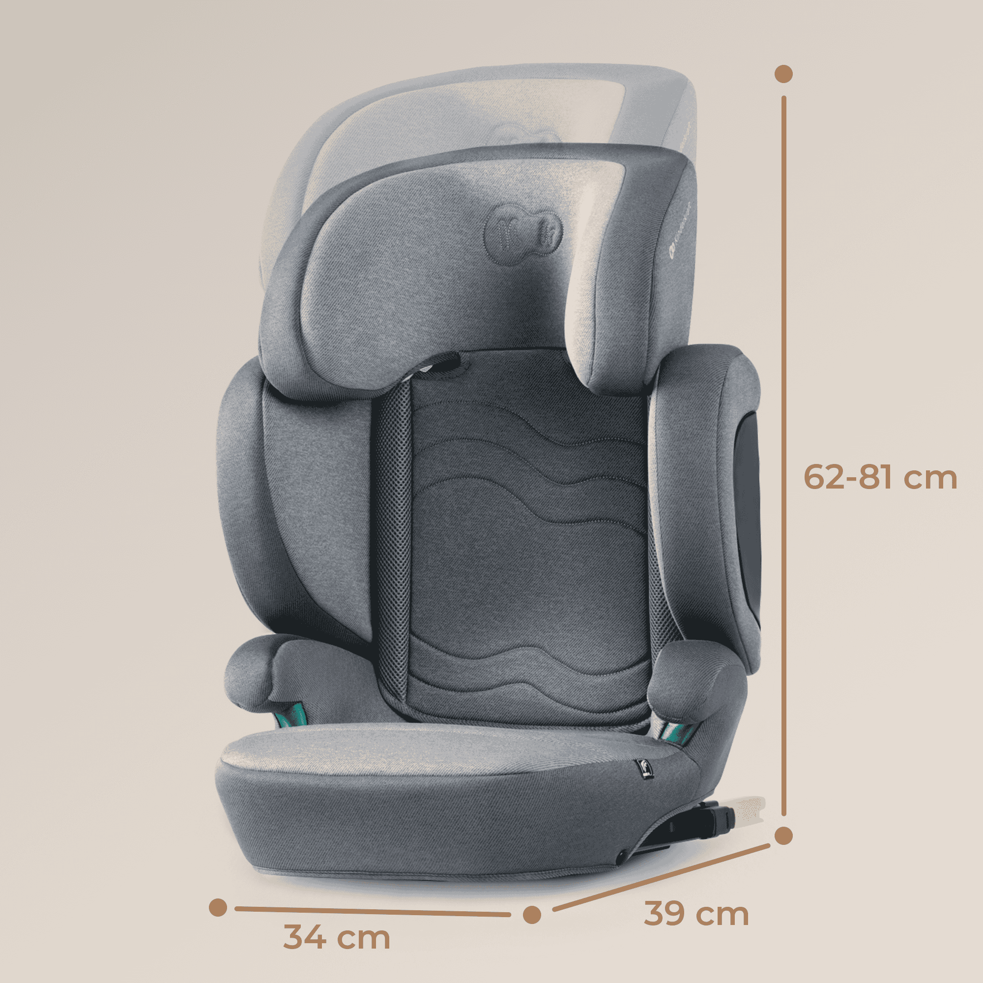Silla de coche gris con reposacabezas ajustable. Medidas: 62-81 cm Al, 34 cm An, 39 cm Pr.
