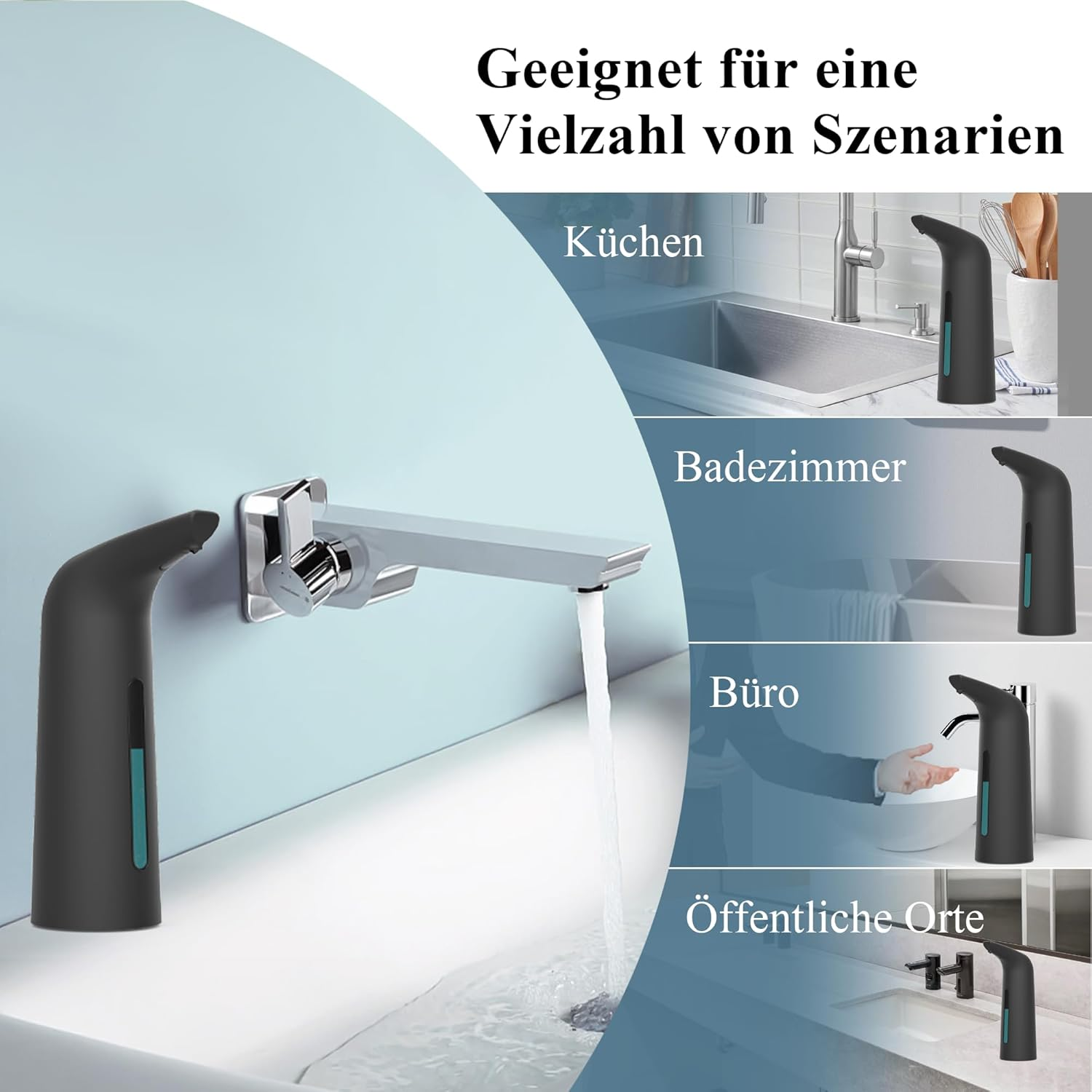 Ein schwarzer Seifenspender neben einem Wasserhahn, aus dem Wasser läuft.