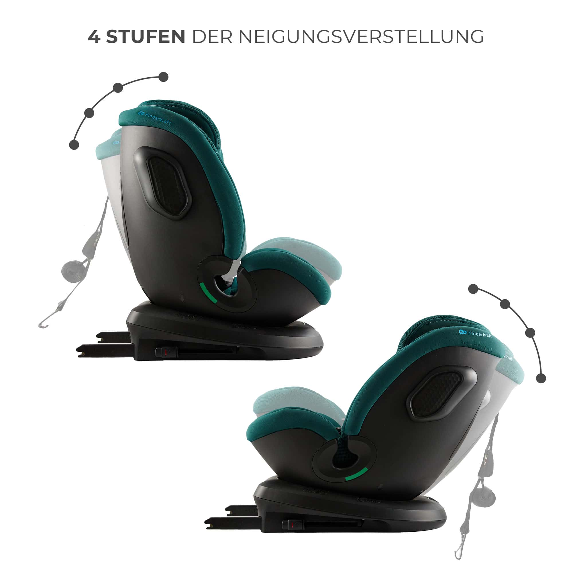 Kinderkraft Autositz in vier Neigungspositionen, mit Gurten.