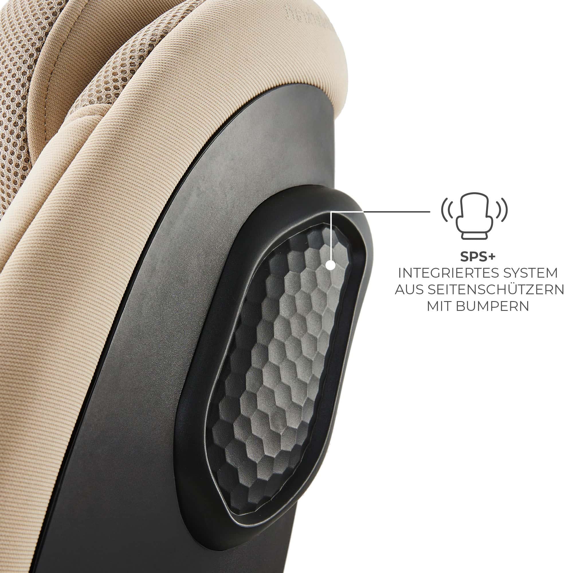 Detailansicht eines Kinderautositzes mit SPS+-Symbol und Text.