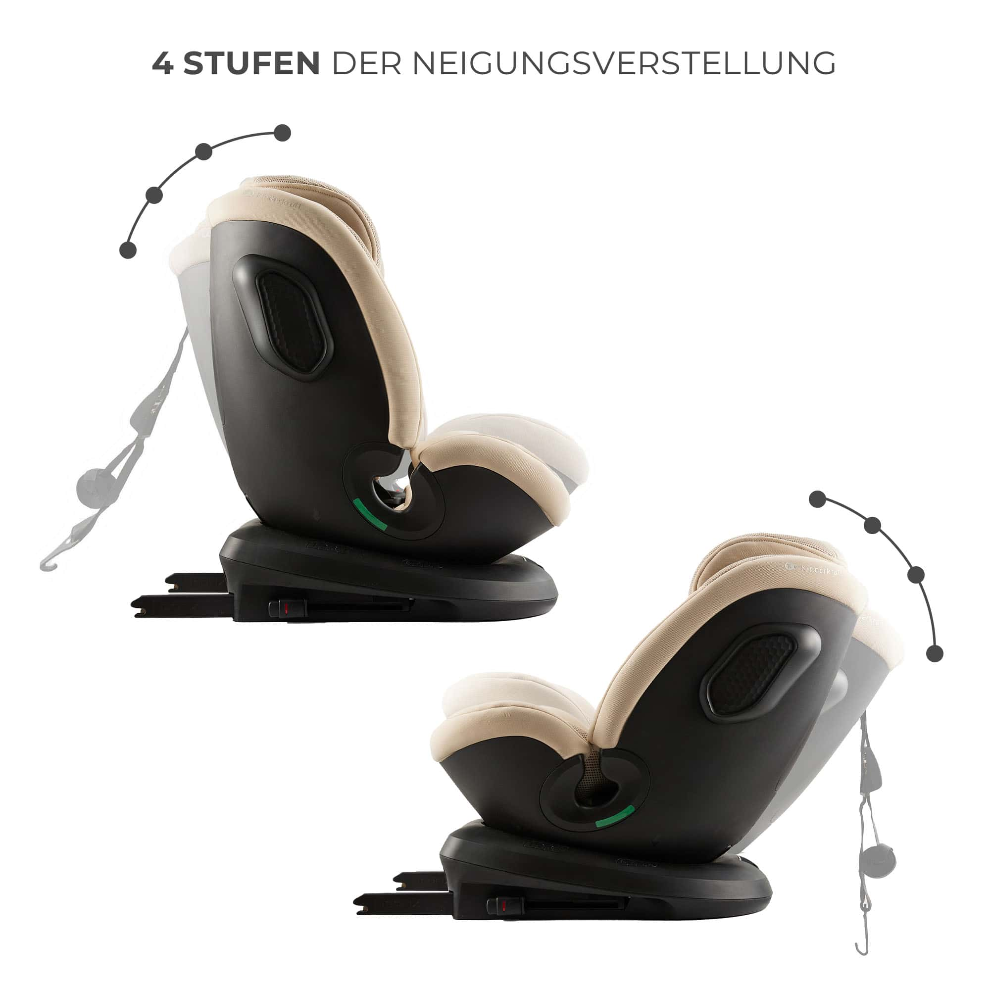 Ein beiger Kindersitz mit schwarzem Sockel zeigt 4 Neigungspositionen.