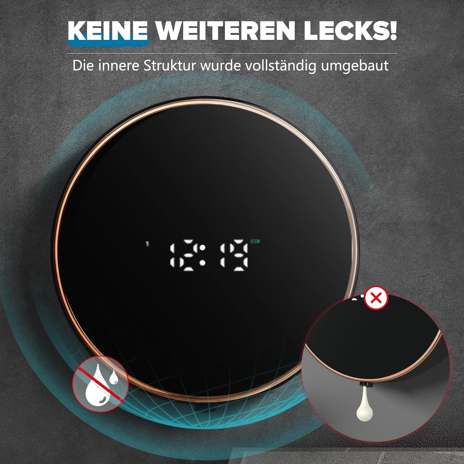 Rundes Gerät mit Digitalanzeige und Wasserdrop-Symbol mit rotem Kreuz.