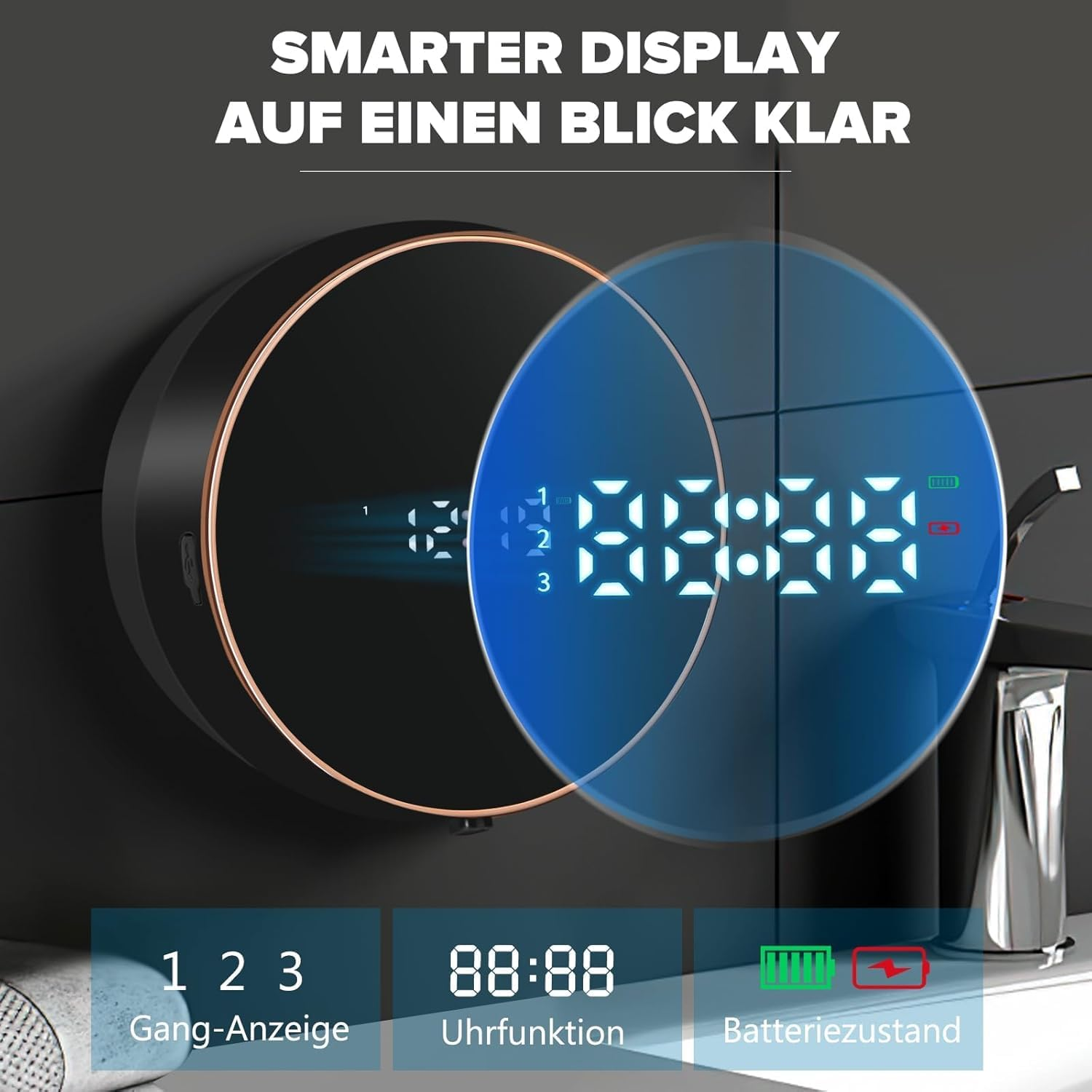 Ein digitales Display zeigt 88:88, Gang-Anzeige 123 und Batteriestatus.