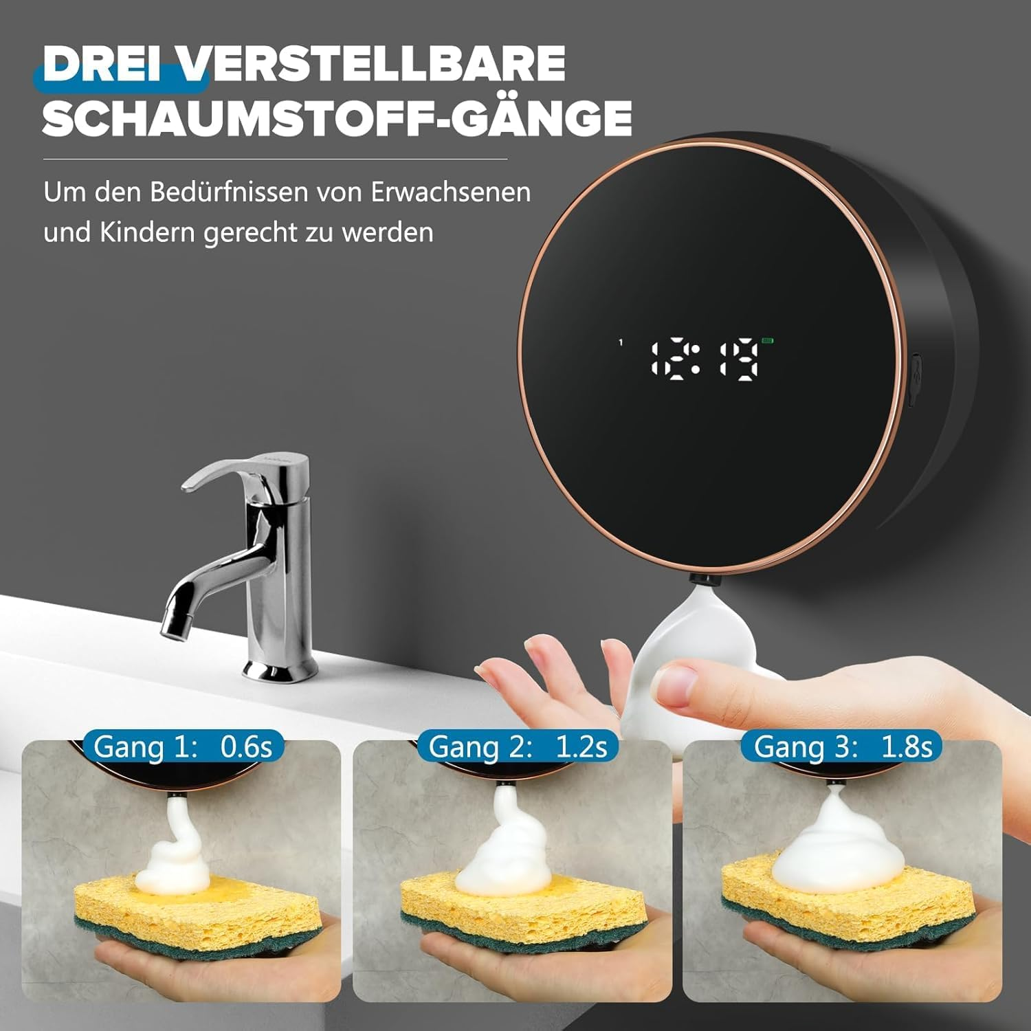 Automatische Seifenspender mit drei Schaumstufen, die auf Schwämme aufgetragen werden.
