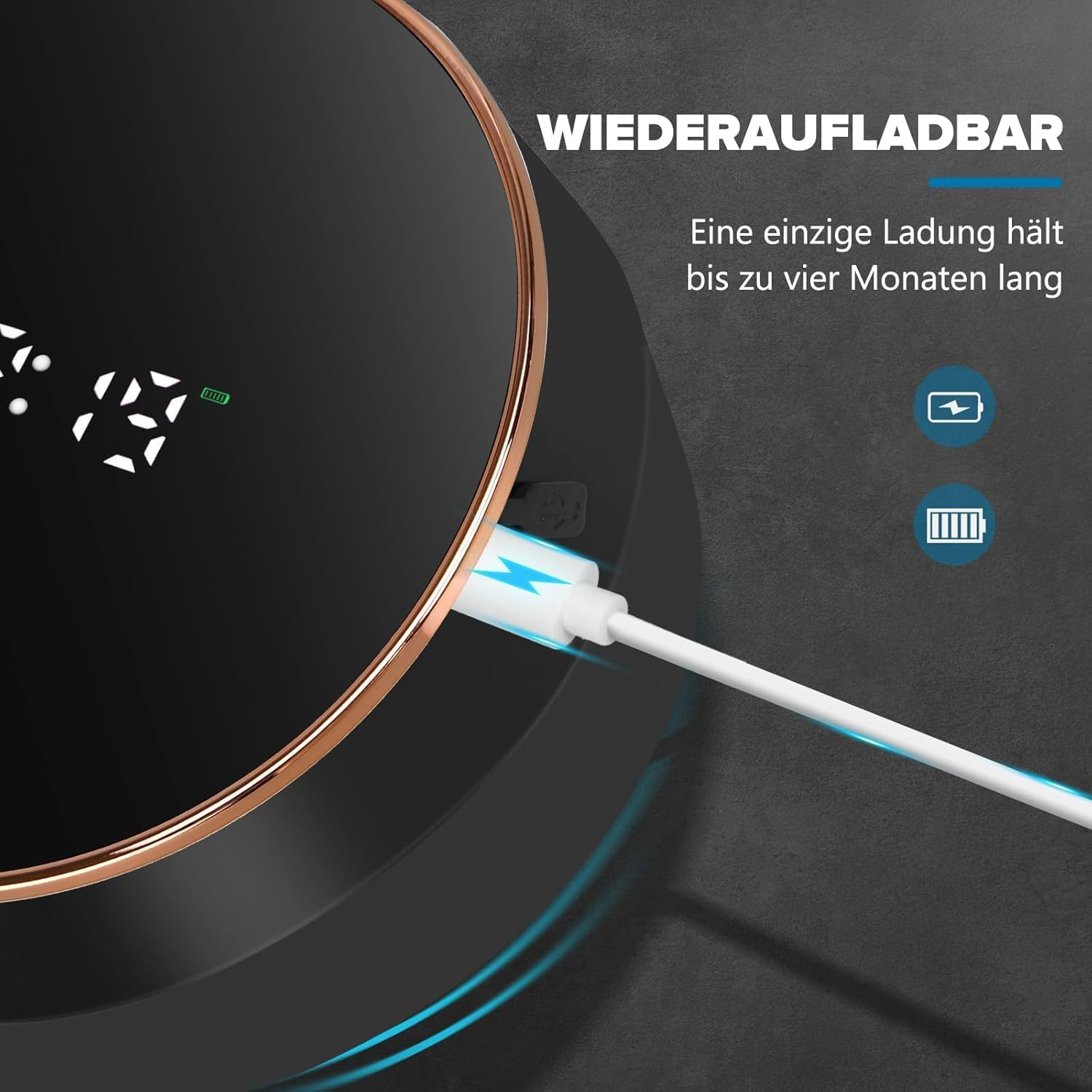 Wiederaufladbar: Eine Ladung hält bis zu vier Monate. USB-Kabel angeschlossen.