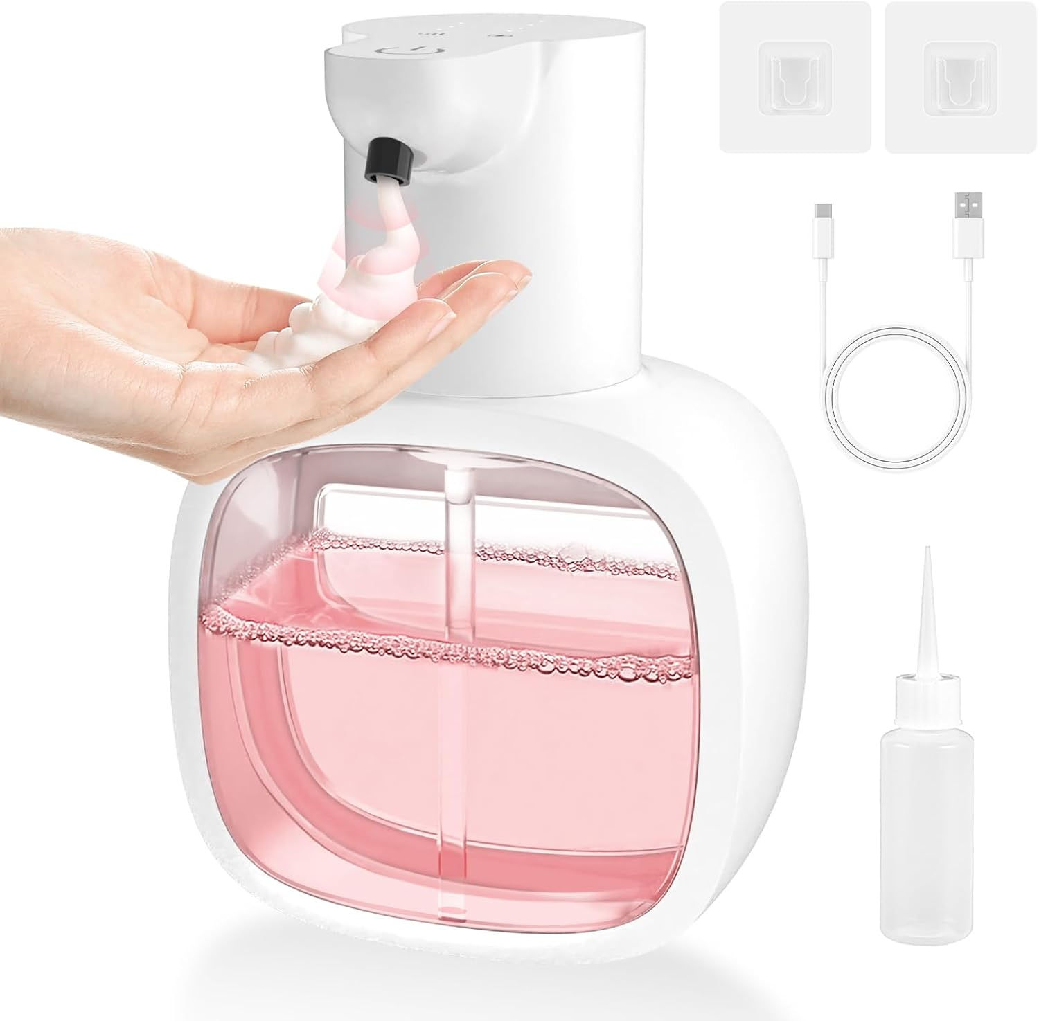 Ein weißer Schaumseifenspender mit rosa Flüssigkeit und einer Hand, die Schaum empfängt.
