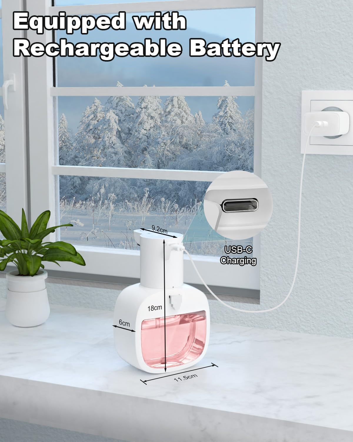 Ein weißer Seifenspender mit rosa Flüssigkeit, der über USB-C aufgeladen wird.