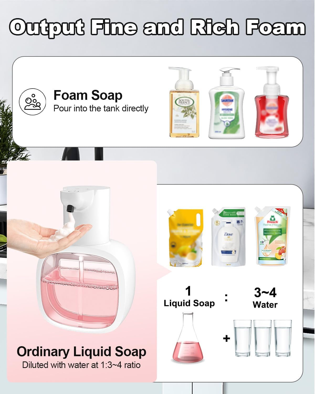 Ein Schaumspender produziert Schaum. Flüssigseife und Wasser werden gezeigt.