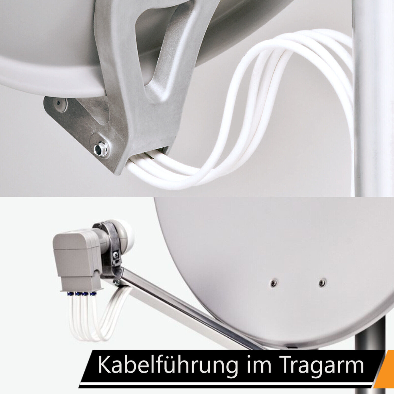 Nahaufnahme eines Satelliten-LNB mit Kabeln, die durch einen Arm geführt werden.