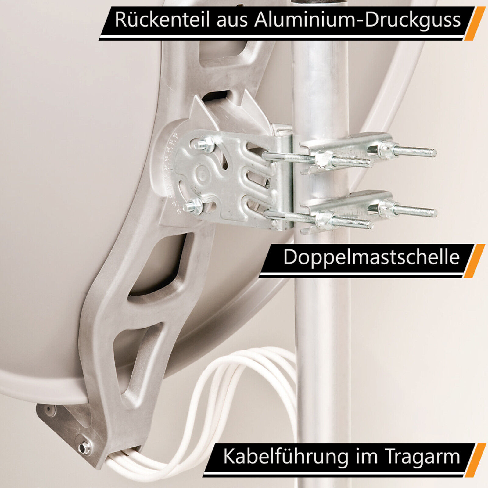 Rückenteil aus Aluminium, Doppel-Mastschelle und Kabel im Tragarm.