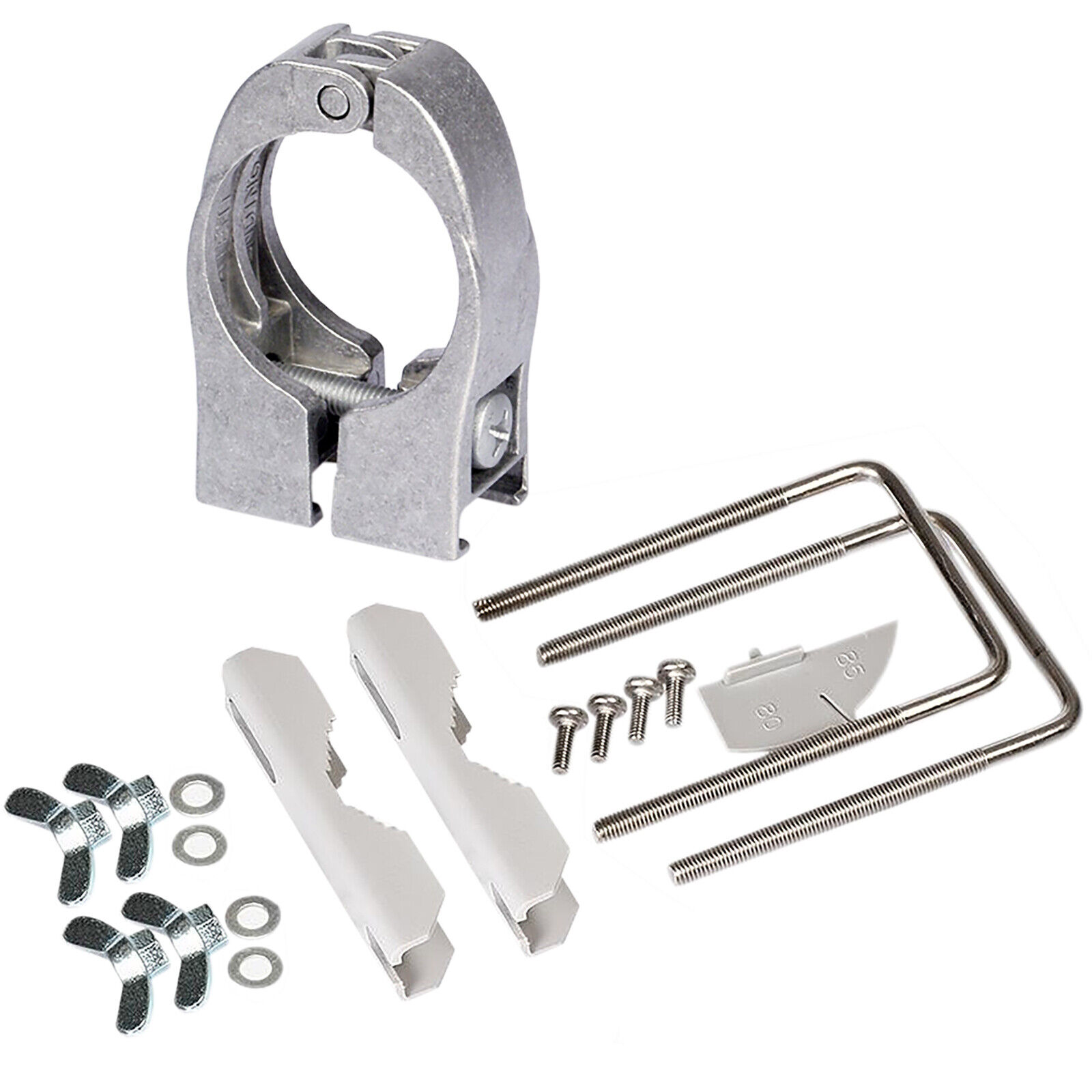 Ein Klemmhalter mit Schrauben, Flügelmuttern, Unterlegscheiben und Messlehren.
