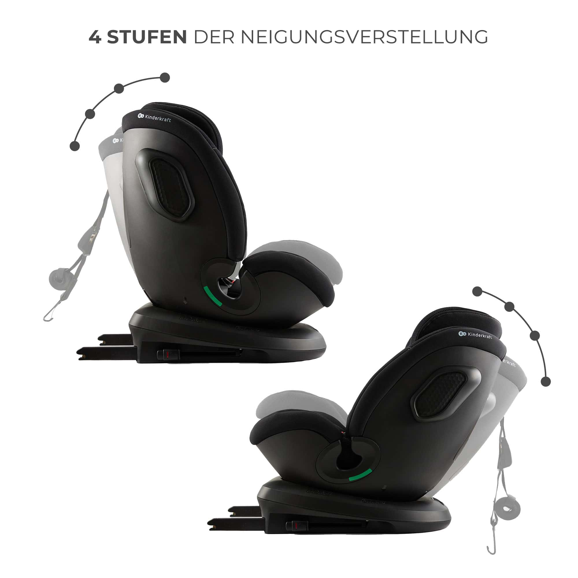 Schwarzer Kindersitz mit Neigungsanzeige und vier Stufen.