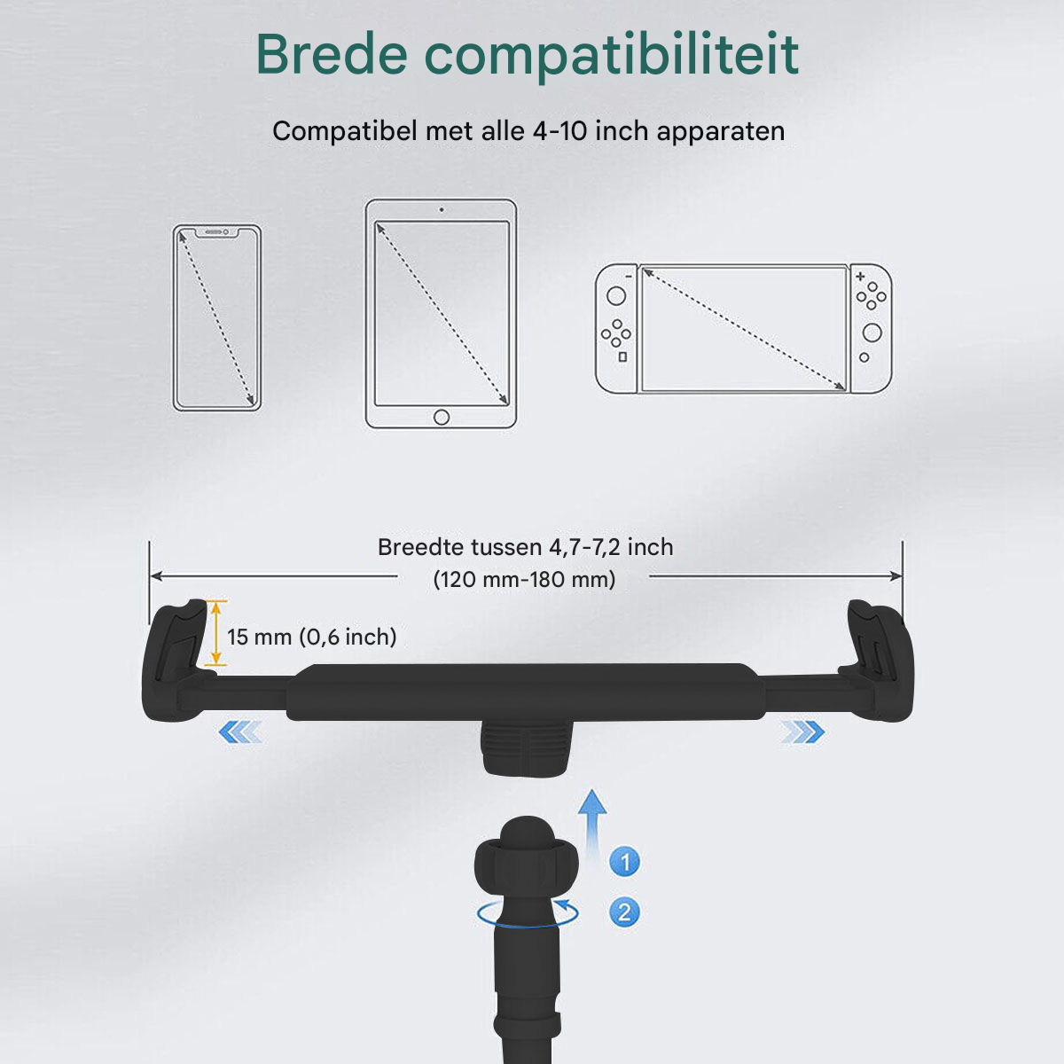 Breite Kompatibilität: Halterung für 4-10 Zoll Geräte, 120-180mm Breite, 15mm Tiefe.