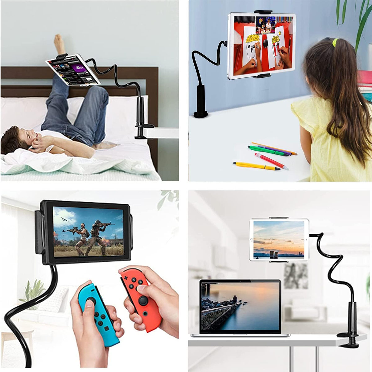 Vier Szenen zeigen Tablet-Halterungen: Person im Bett, Kind malt, Gaming, Laptop mit Tablet.