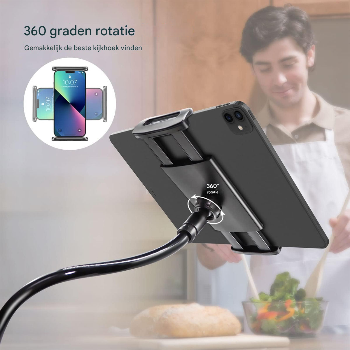 Ein Mann kocht, während ein Tablet auf einem flexiblen Arm montiert ist.