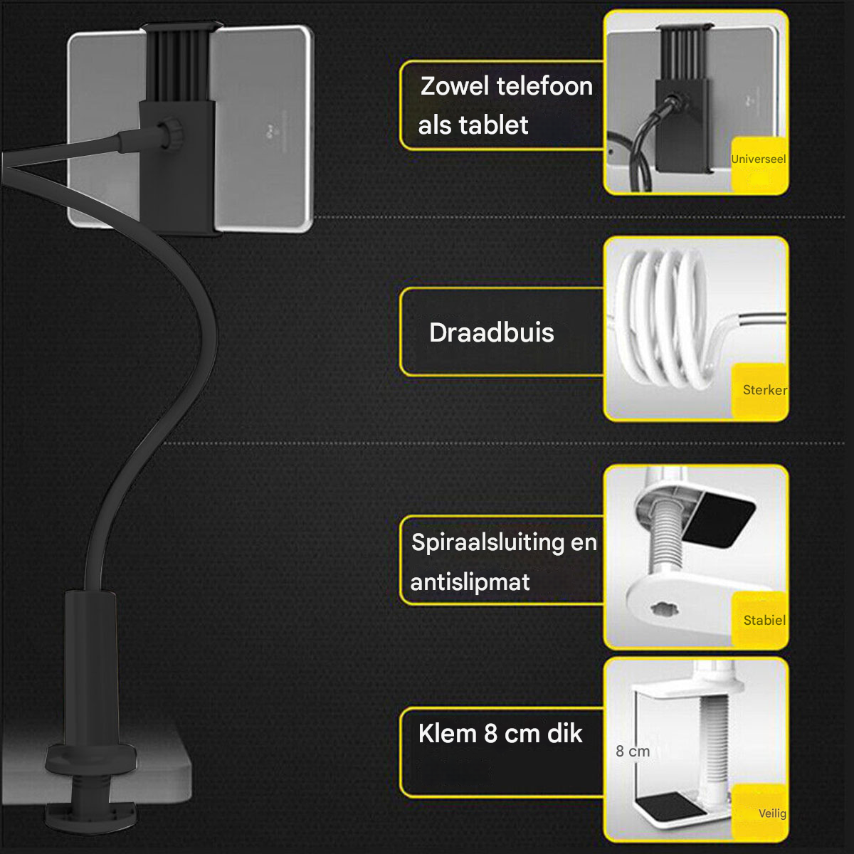 Ein Ständer für Telefone und Tablets mit flexiblen Armen und Klemme.