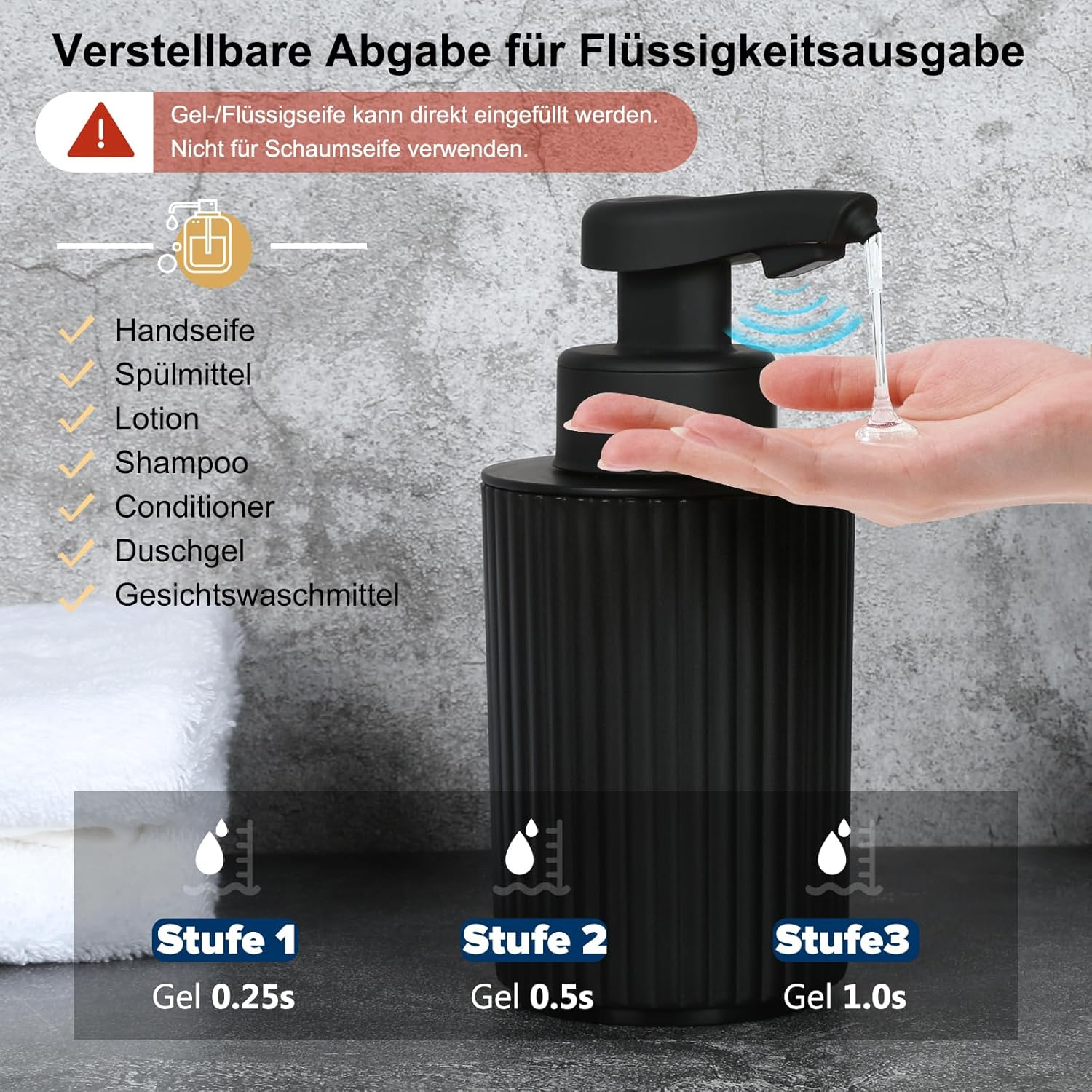 Schwarzer Seifenspender mit Sensoren, gibt Flüssigkeit in Hand ab.