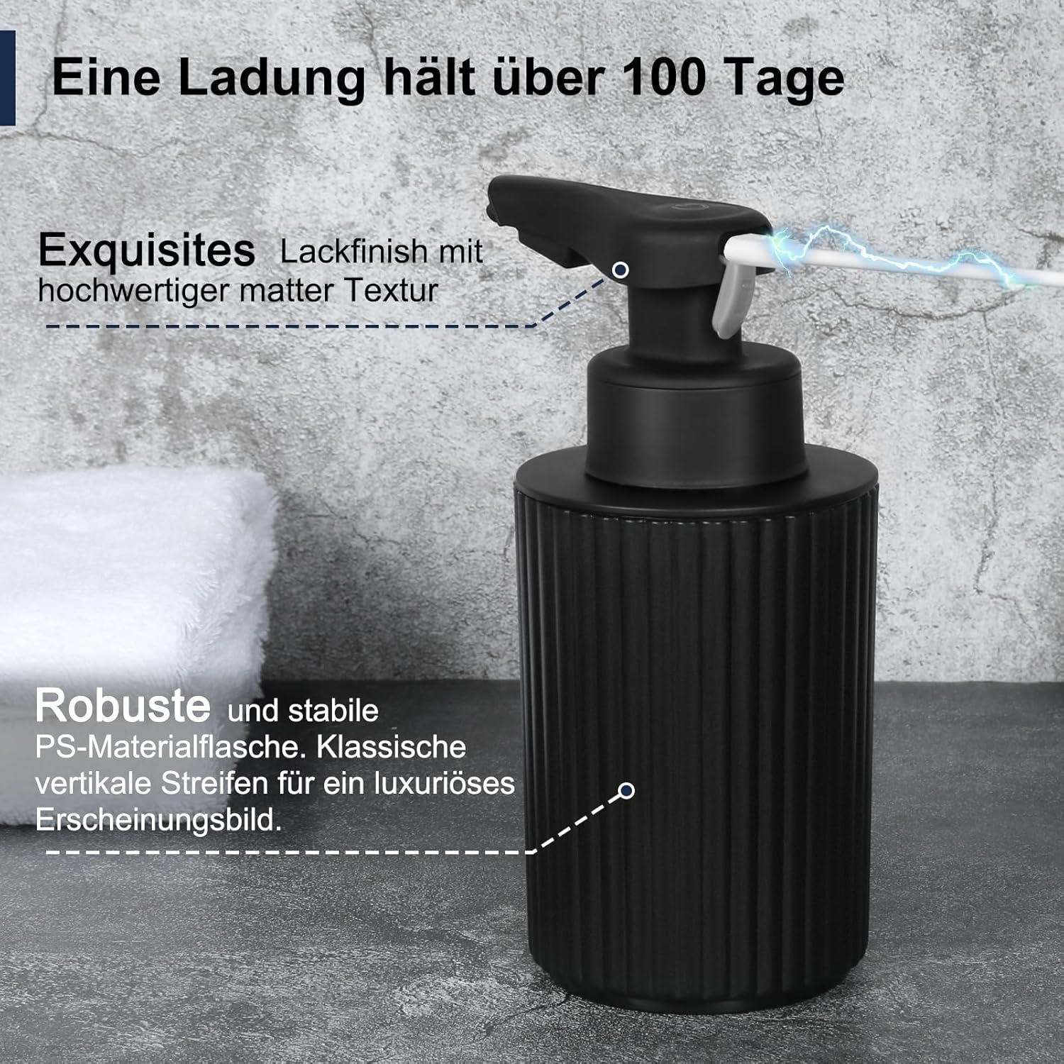 Schwarzer Seifenspender mit Rillen, matter Textur und elektrischem Kabel.
