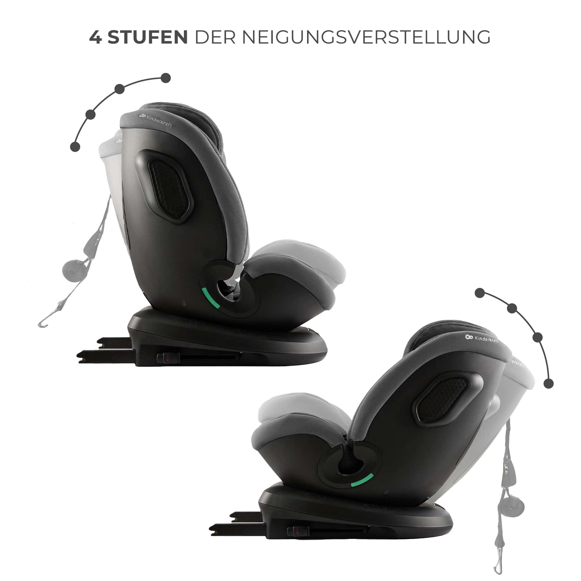Zwei graue Kindersitze mit verstellbarer Neigung, ein höher, ein tiefer.