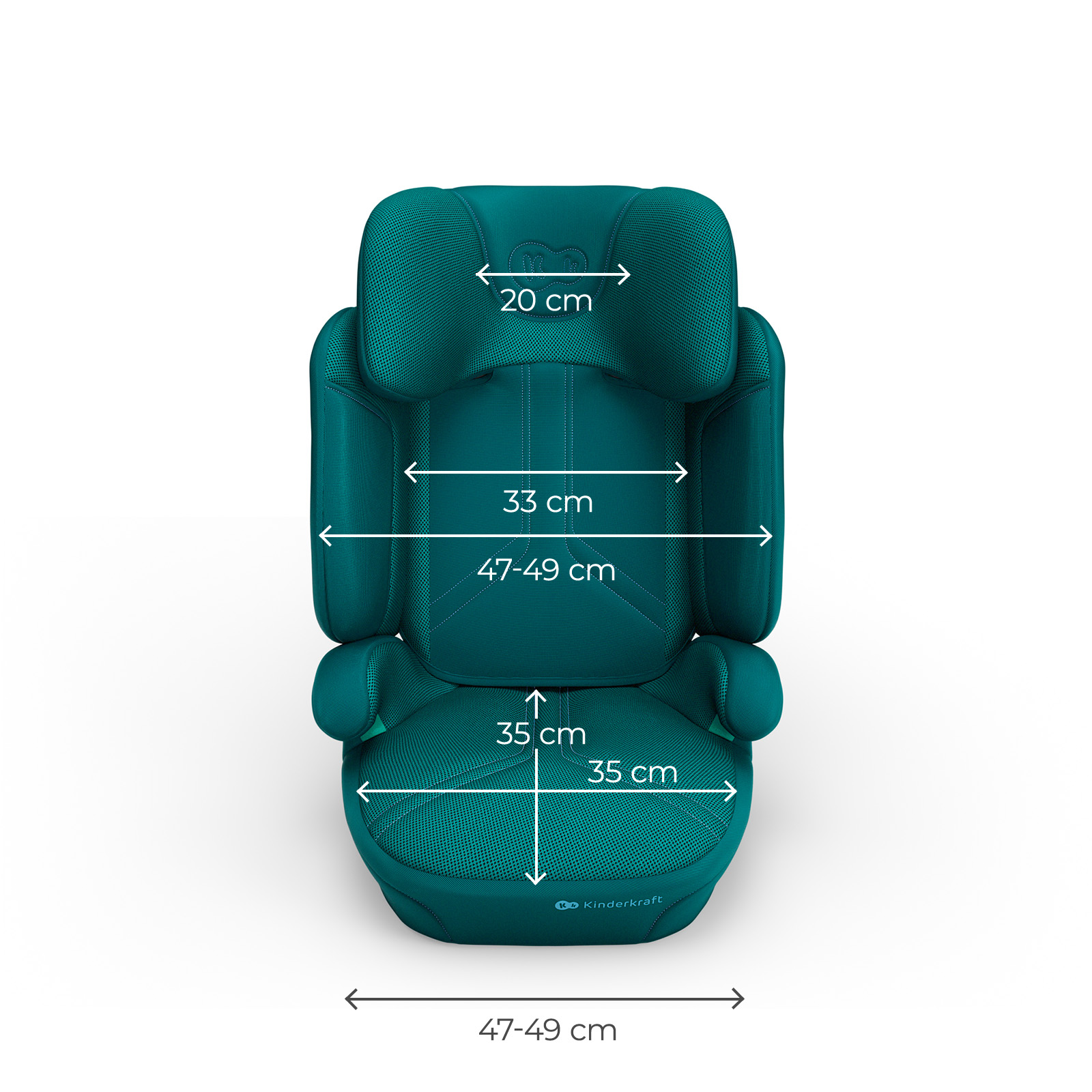 Ein türkisfarbener Kindersitz mit Maßen: 20cm, 33cm, 47-49cm, 35cm.