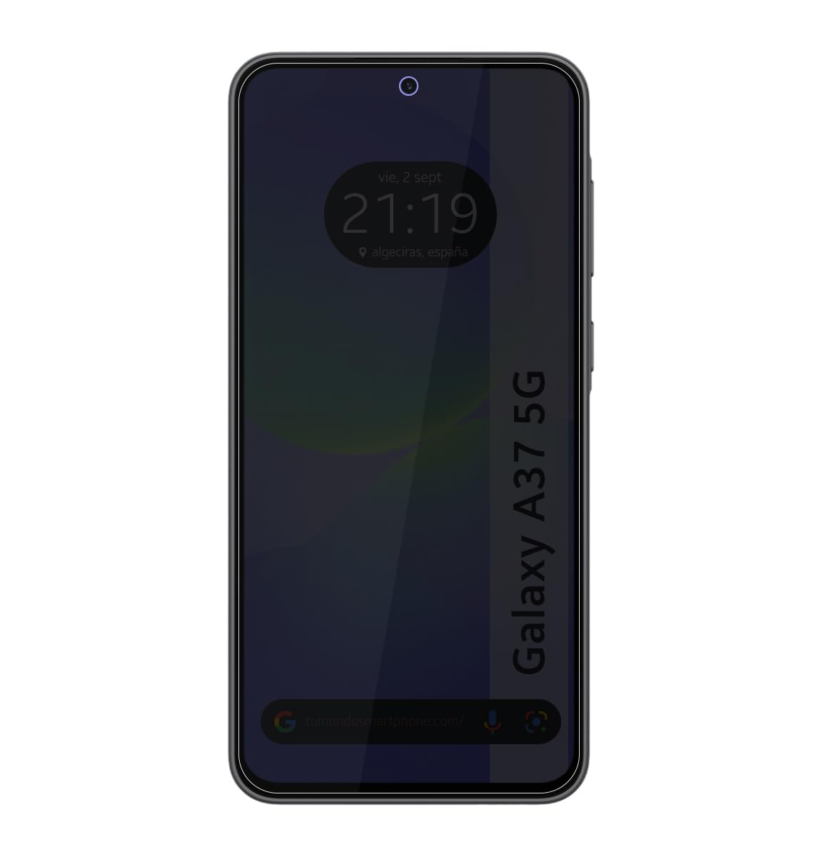 Un smartphone oscuro muestra las 21:19 y Galaxy A37 5G.