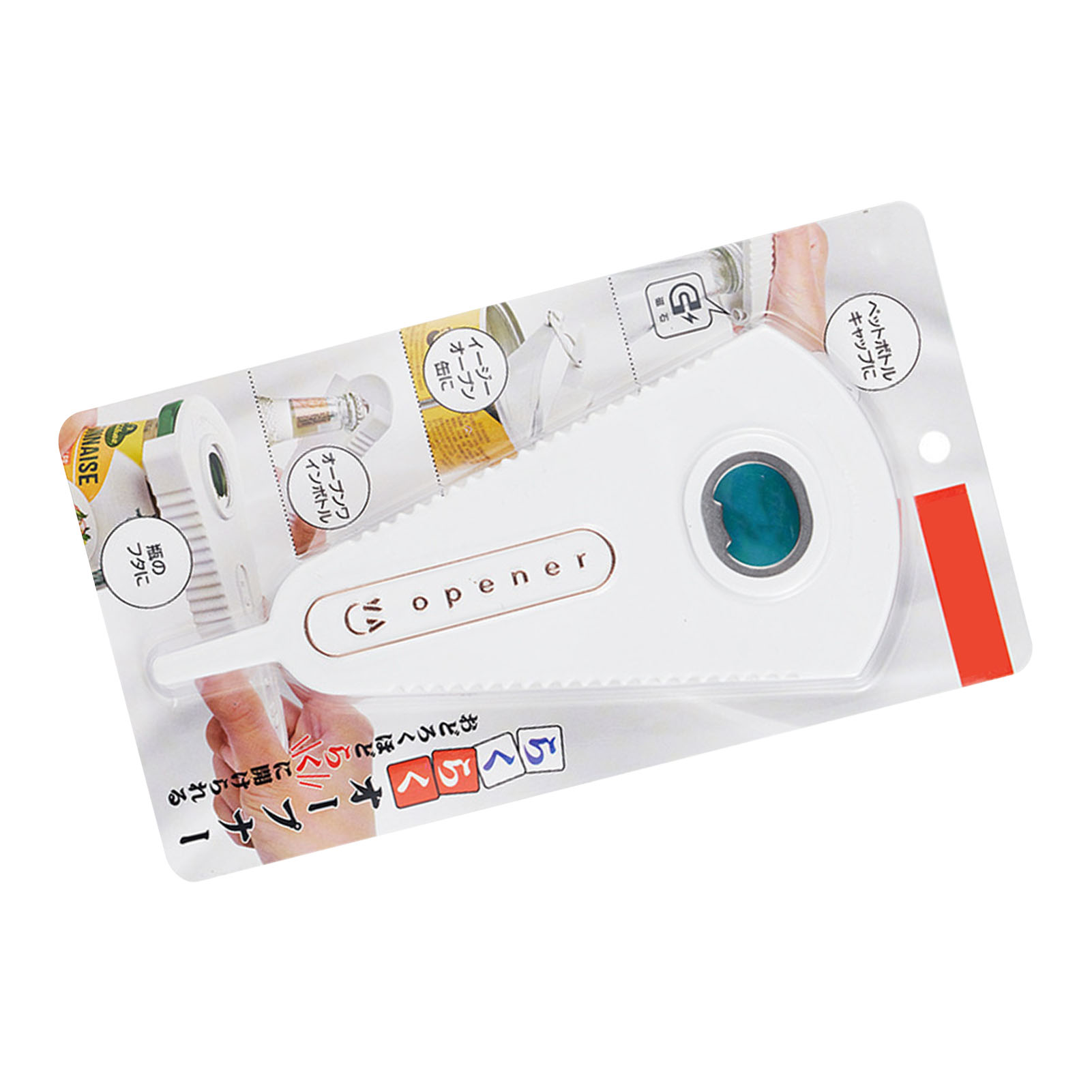 Ein weißer Dosenöffner mit blauem Griff, verpackt in Blisterfolie mit japanischen Anweisungen.