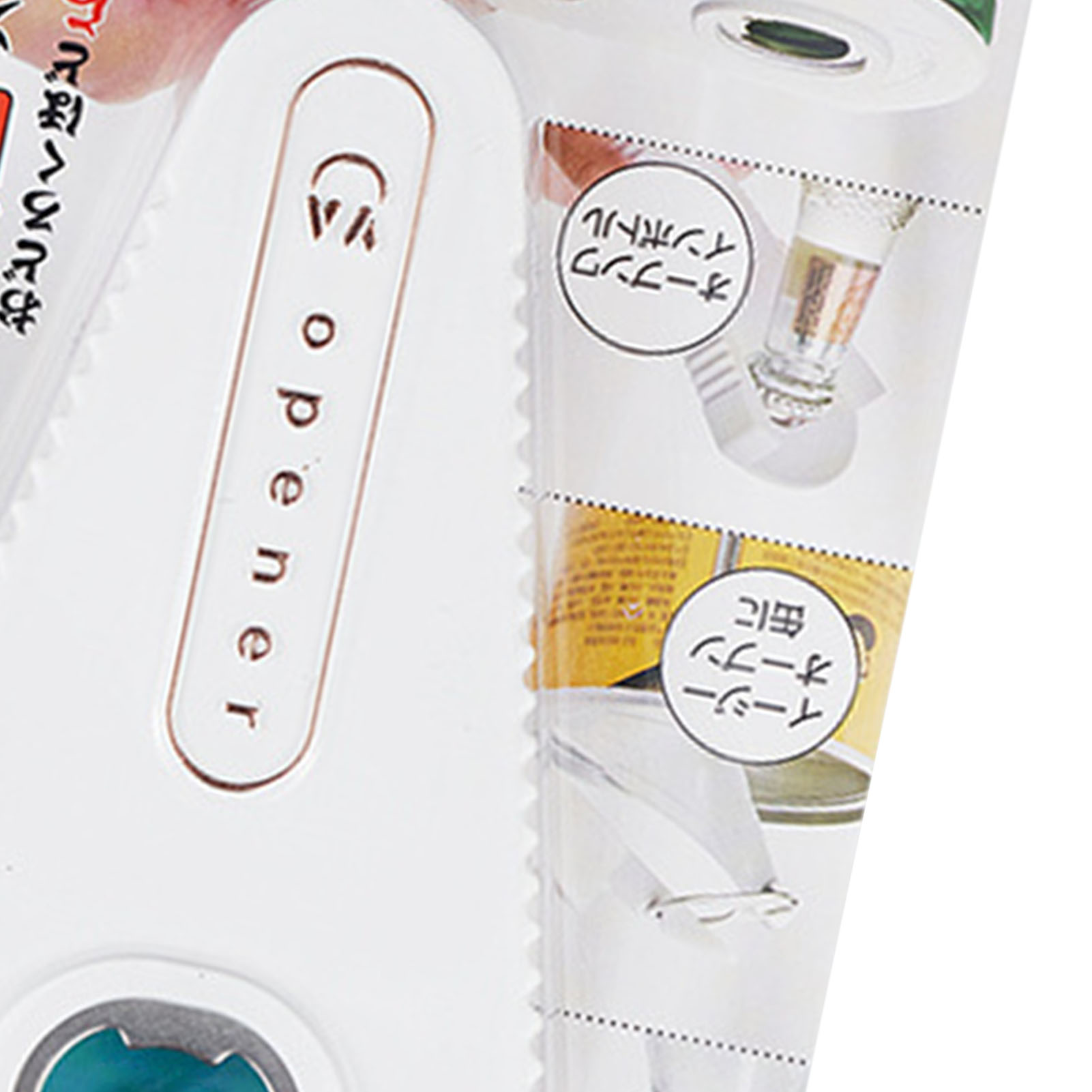 Ein weißer Dosenöffner mit japanischer Schrift und Bildern von Flaschen.
