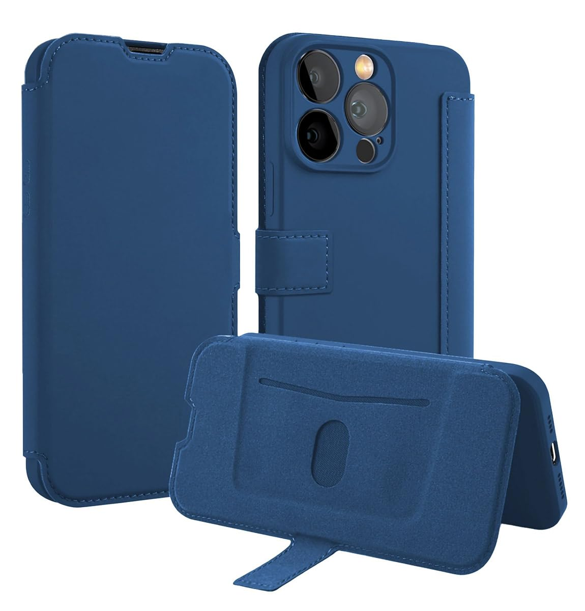 Funda azul para teléfono con tapa y ranura para tarjetas.