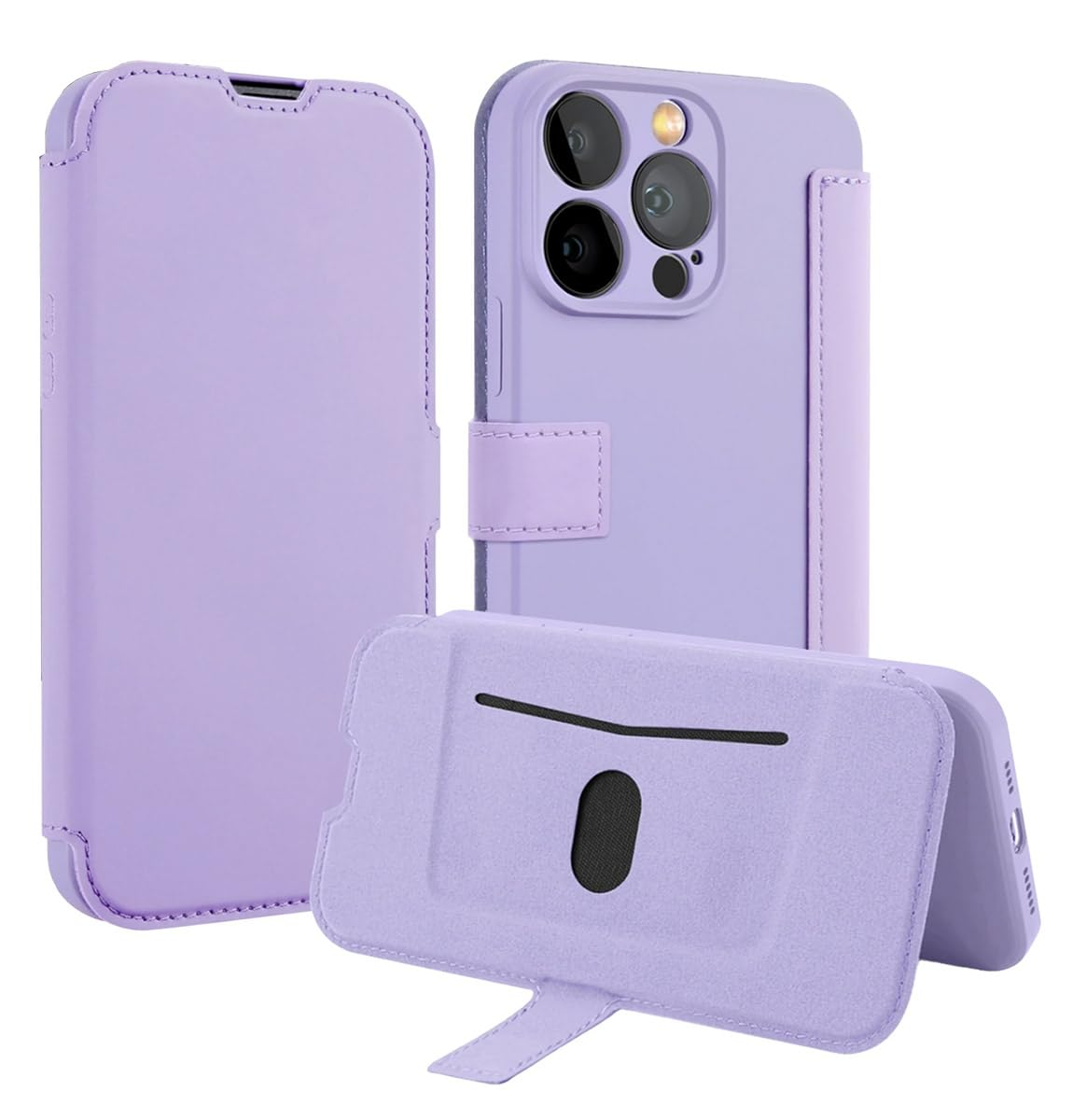 Funda morada para teléfono con ranura para tarjetas y recorte de cámara.