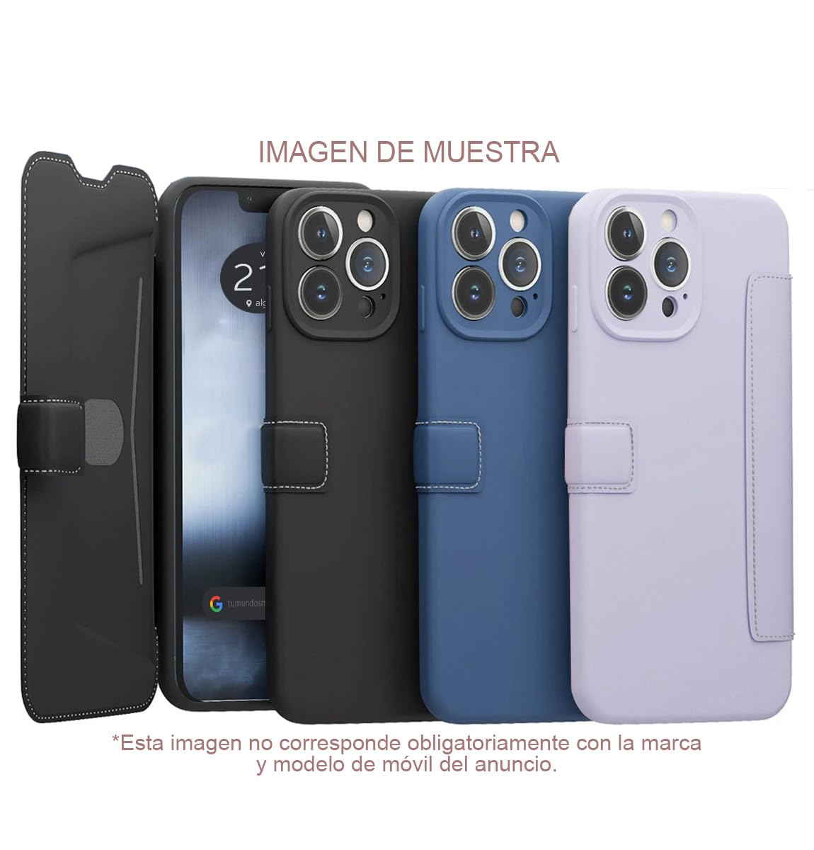 Tres fundas de teléfono en negro, azul y morado, junto a un teléfono.