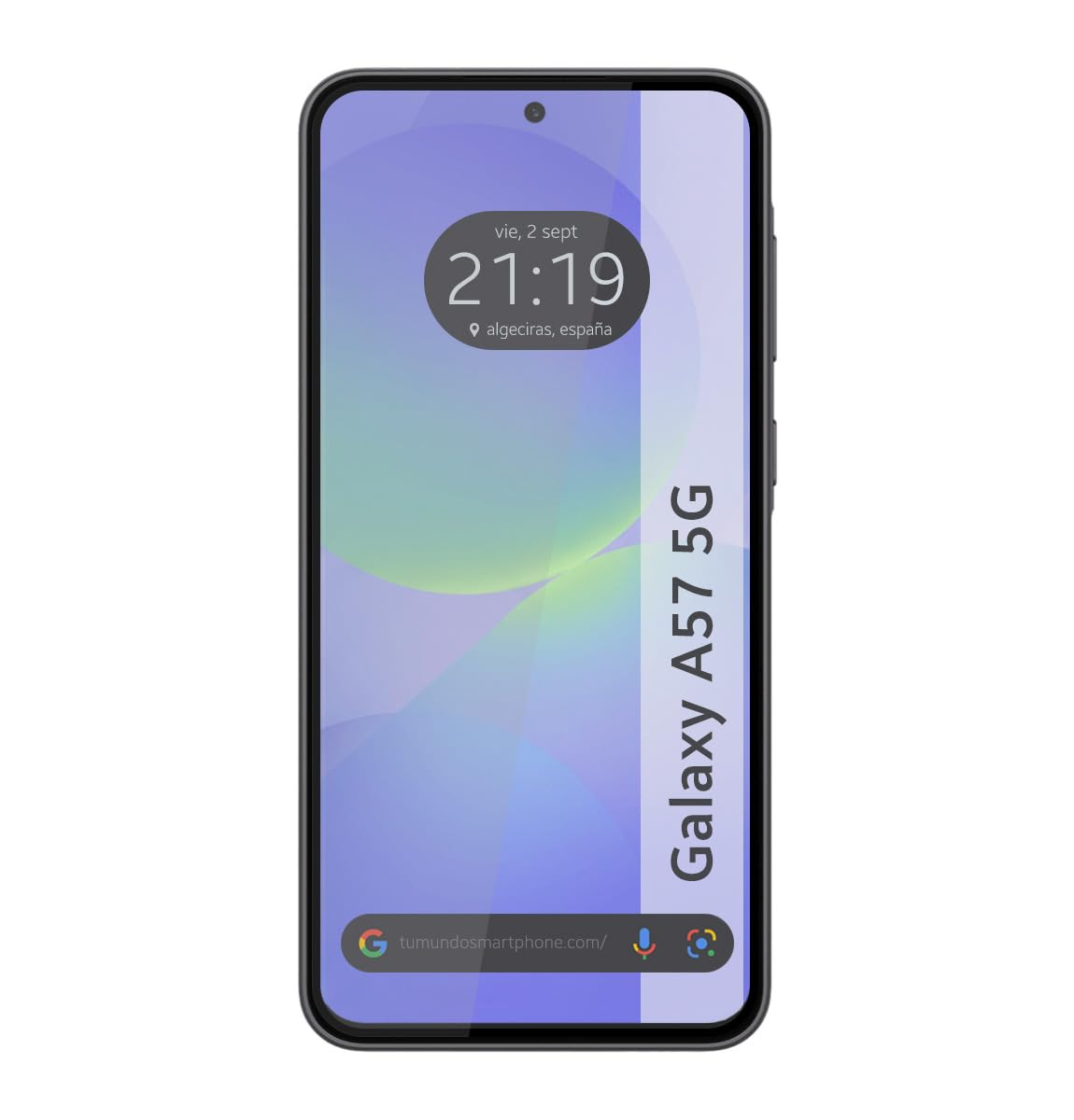 Un smartphone muestra las 21:19, con texto "Galaxy A57 5G".