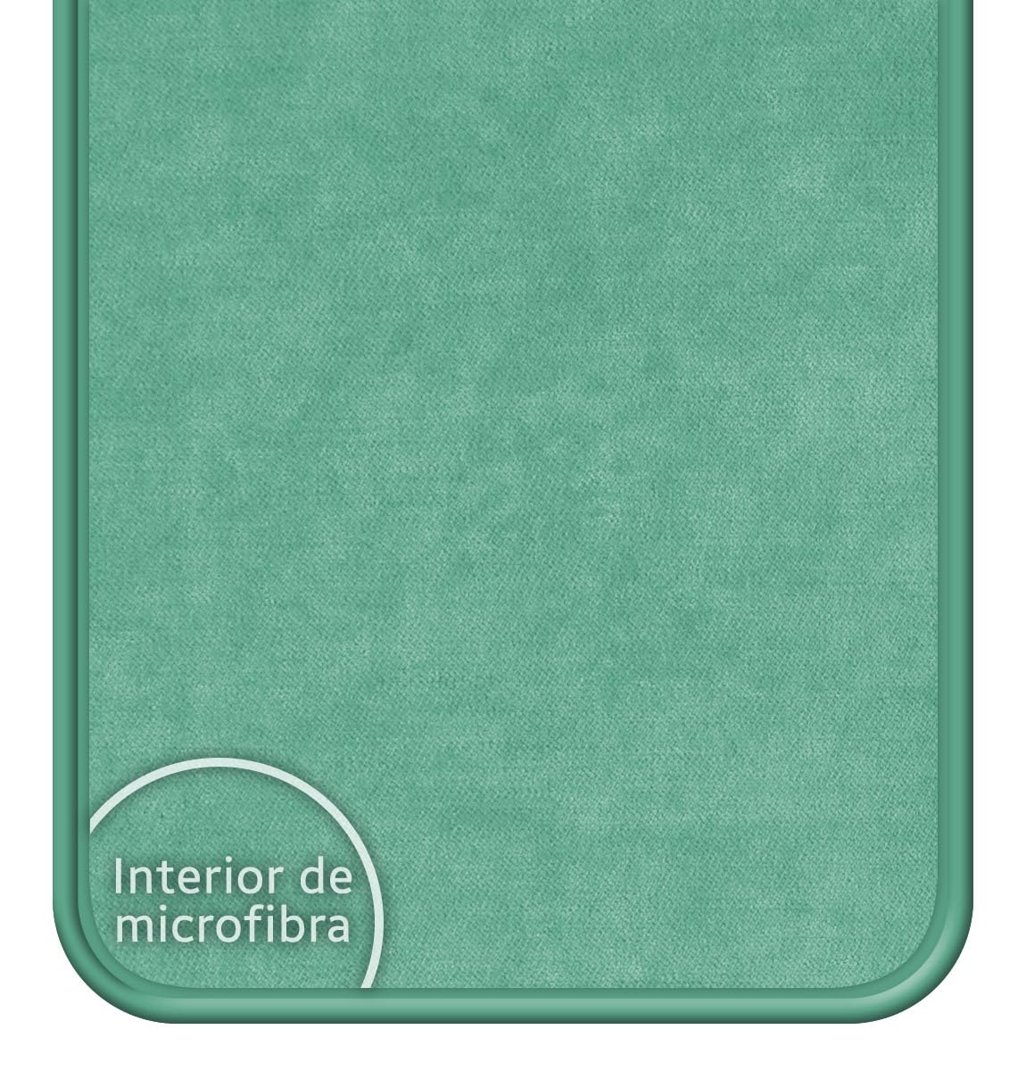 Interior de microfibra verde con esquinas redondeadas.