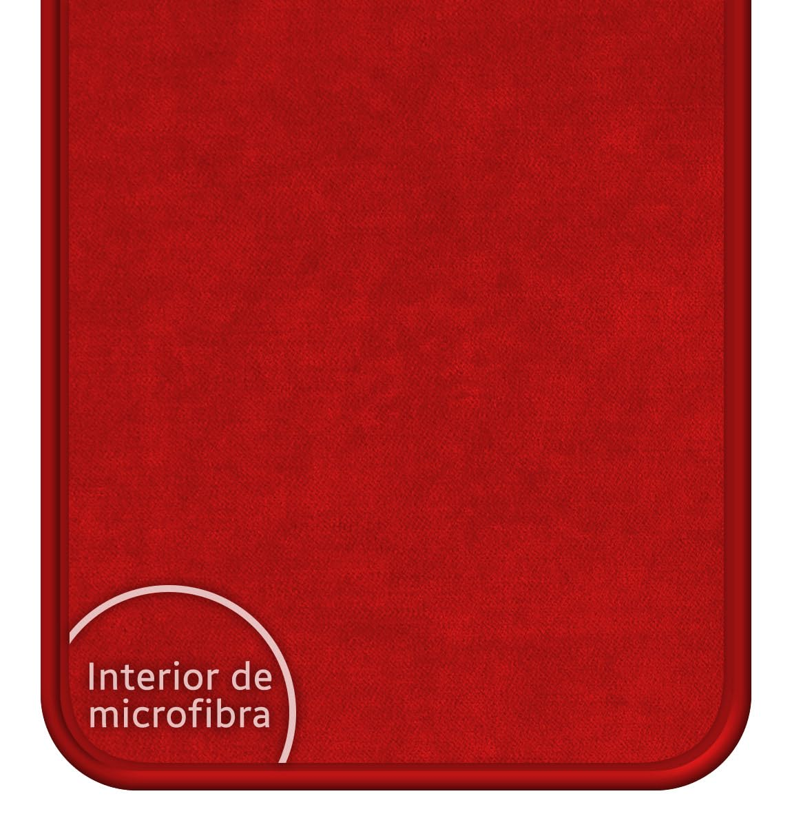Superficie de microfibra roja con círculo blanco y texto.