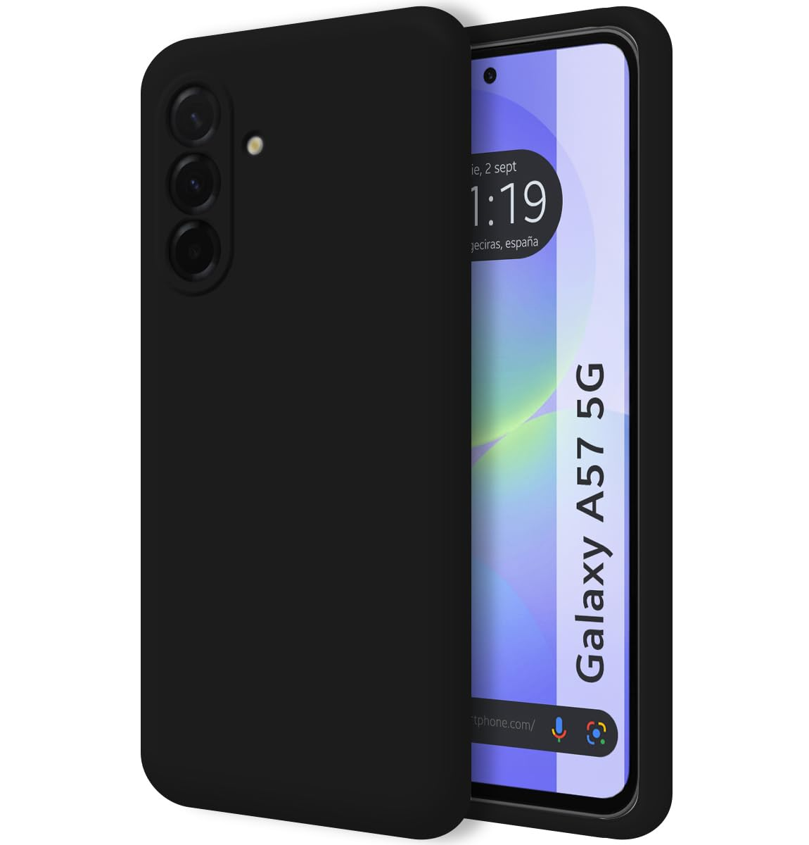 Funda negra para teléfono con Samsung Galaxy A57 5G en pantalla.