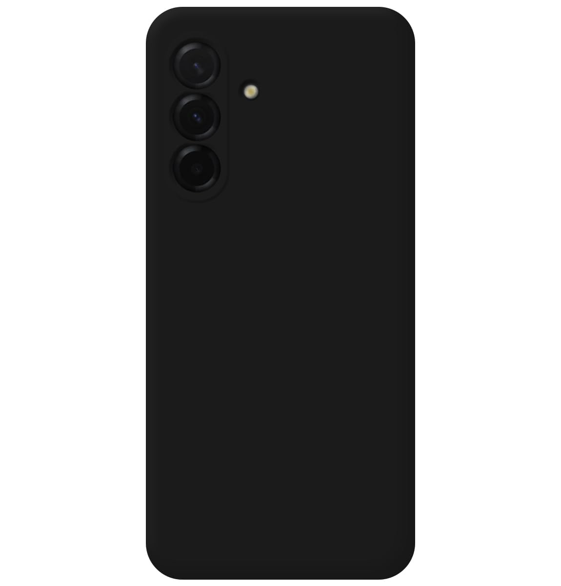 Vista trasera de un smartphone negro con tres lentes de cámara y flash.