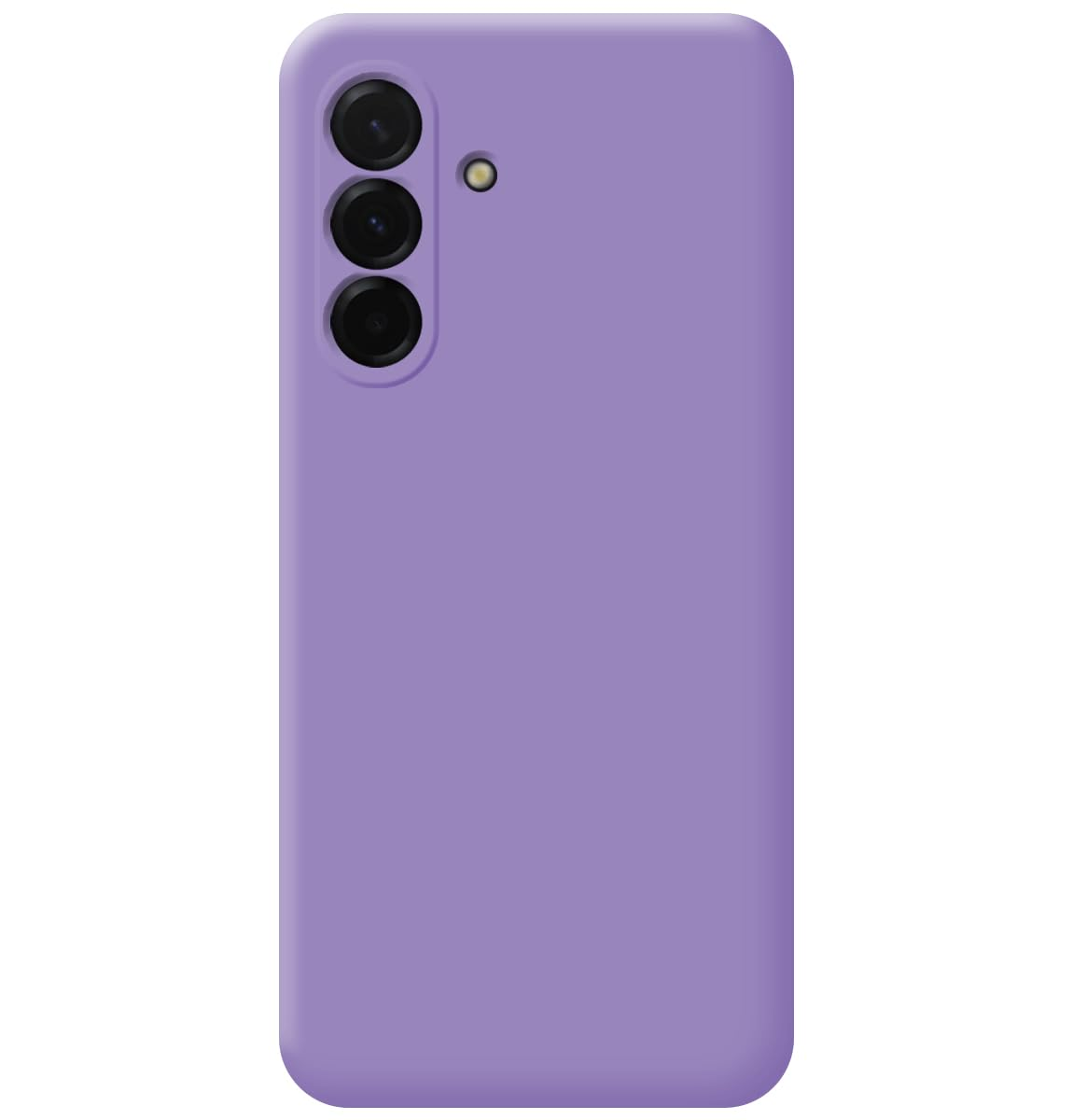 Funda de teléfono morada con tres lentes de cámara y un flash.