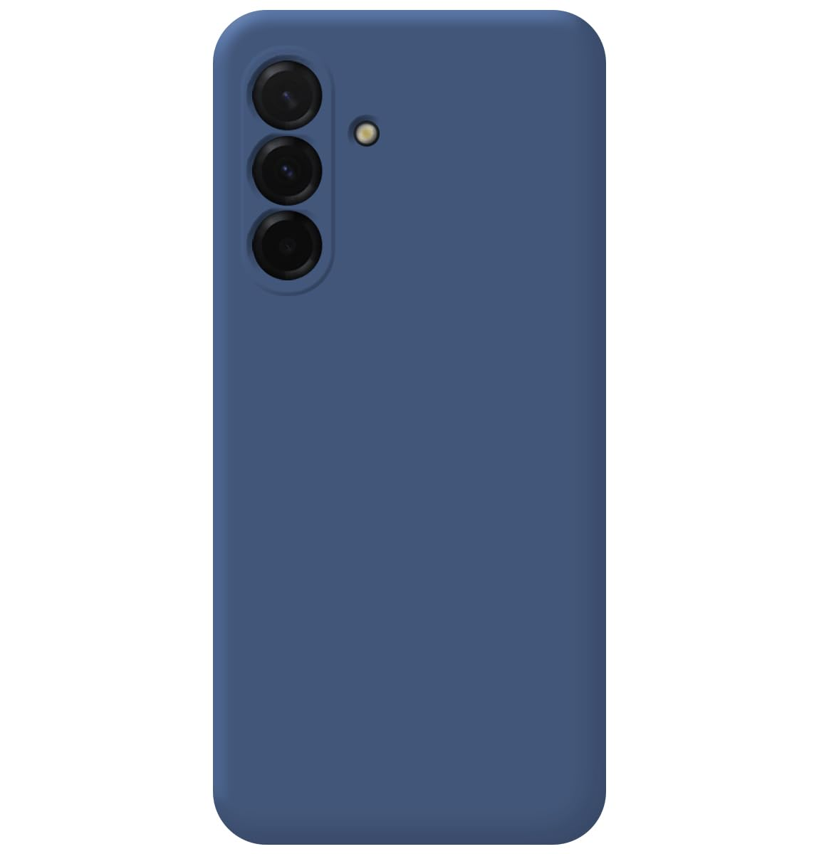 Parte trasera de una funda de teléfono azul con tres lentes de cámara y un flash.