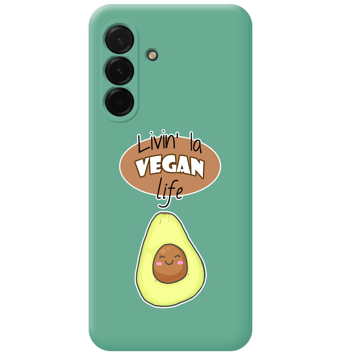 Funda de teléfono verde con estampado de aguacate y texto "Livin' la VEGAN life".