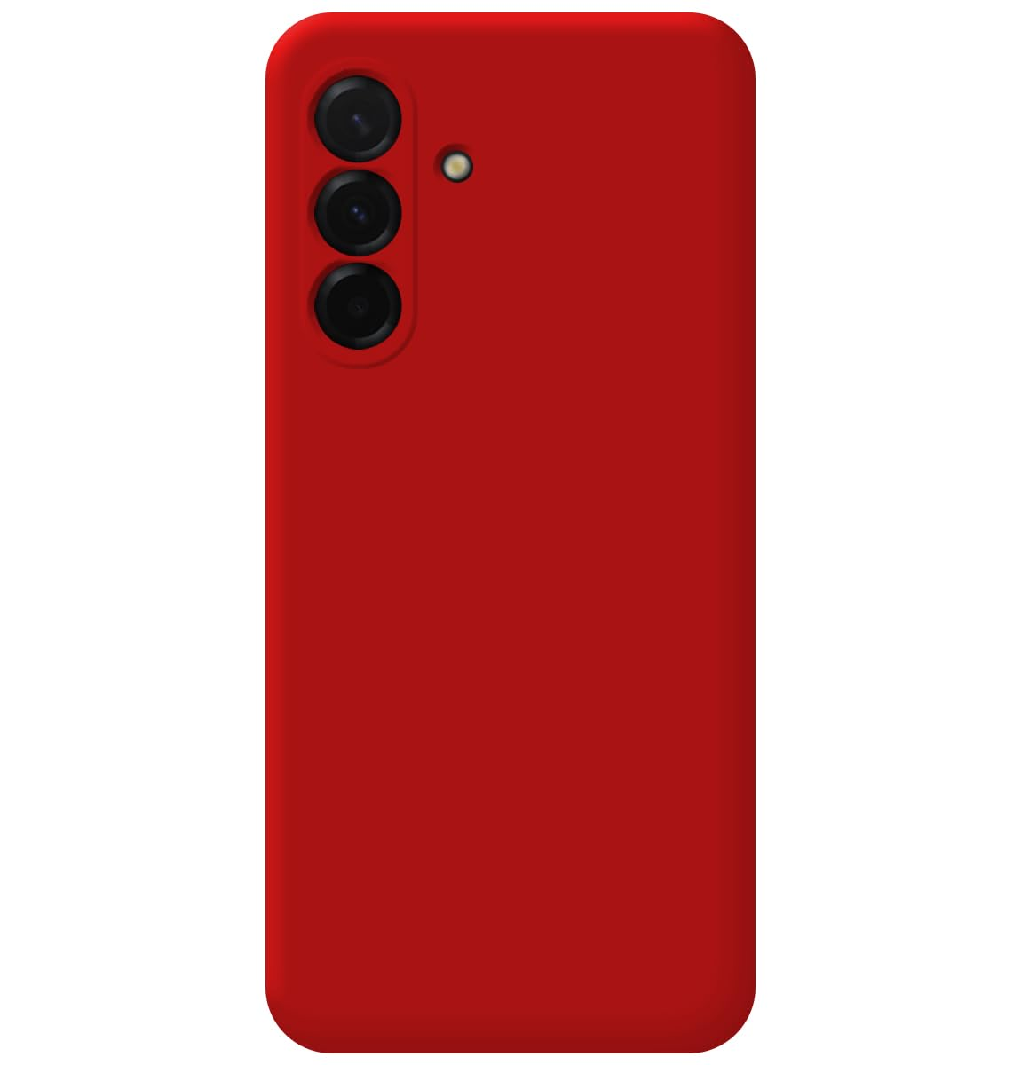 Funda de teléfono roja con tres lentes de cámara y un flash.