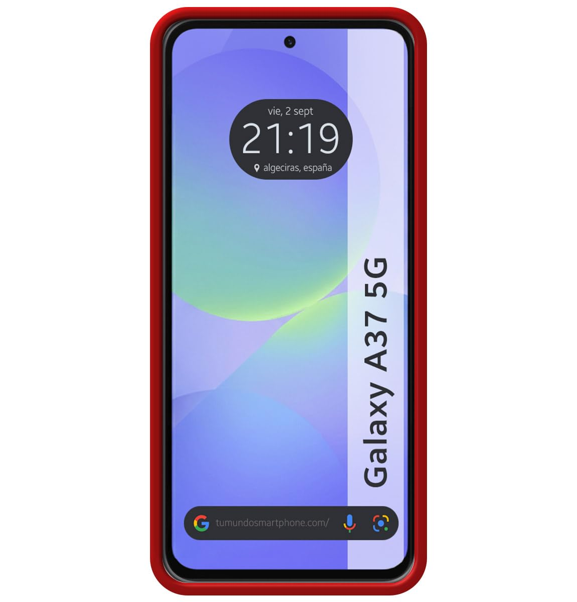 Un smartphone rojo muestra la hora 21:19, fecha y ubicación.